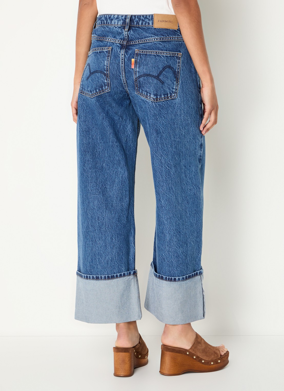 Farm Rio High waist wide leg jeans met medium wassing - achterkant indigo