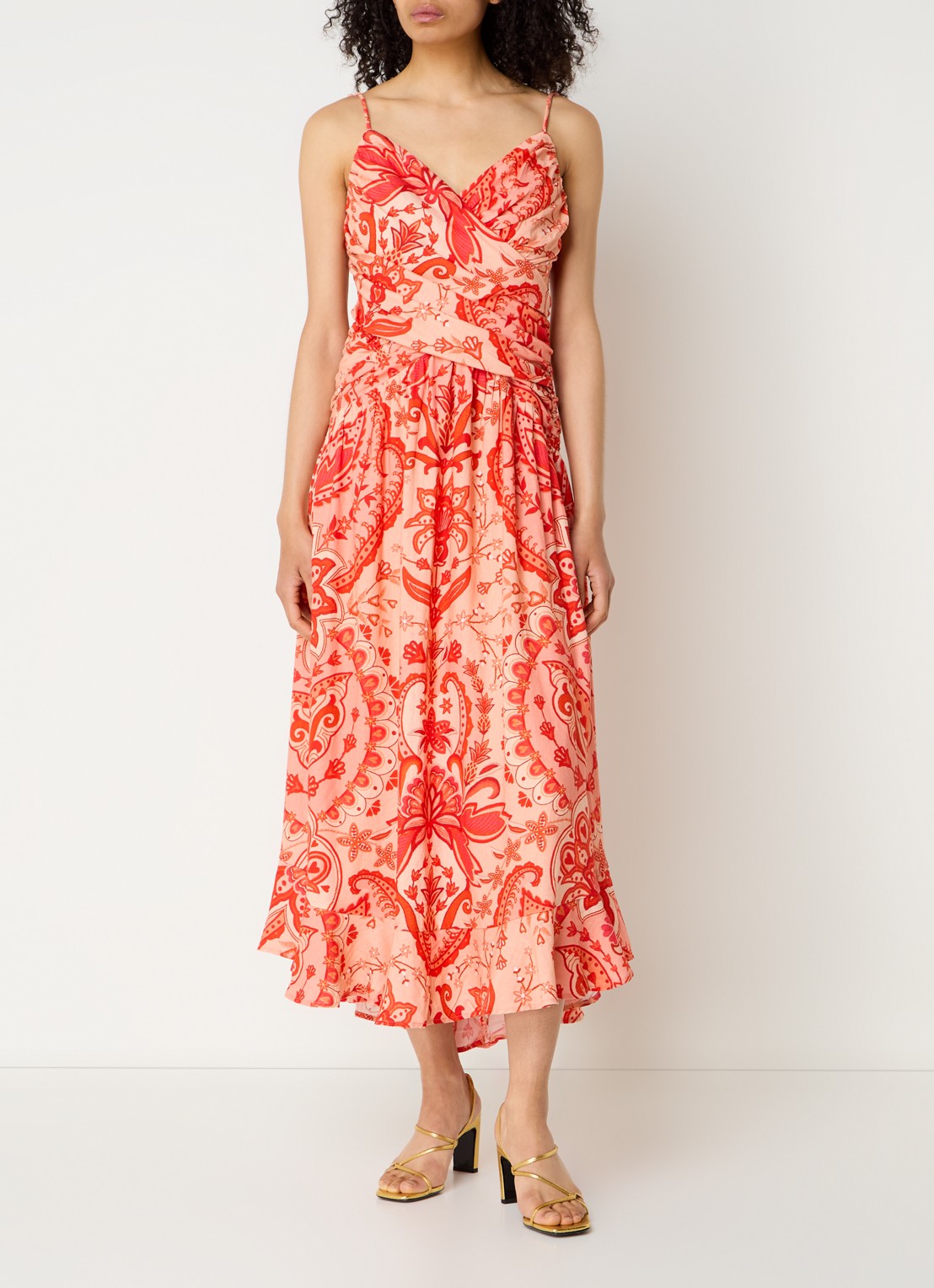 Farm Rio Jaipur midi jurk in linnenblend met bloemenprint - detail 2 koraalrood