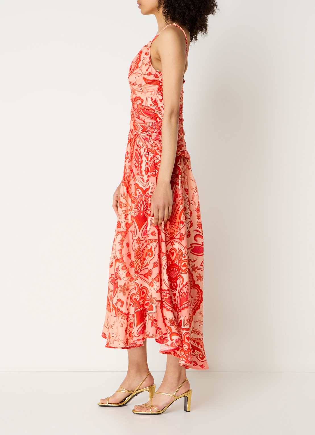 Farm Rio Jaipur midi jurk in linnenblend met bloemenprint - voorkant 5 koraalrood