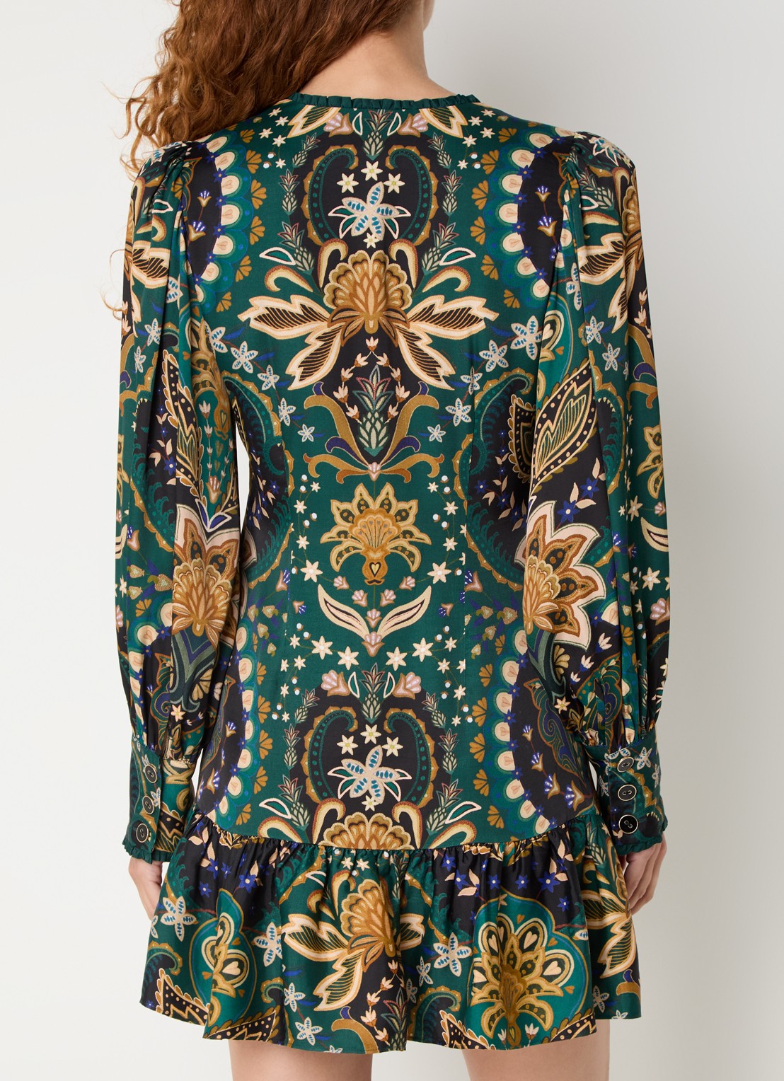 Farm Rio Jaipur mini blousejurk met print en ruches - achterkant 4 donkergroen