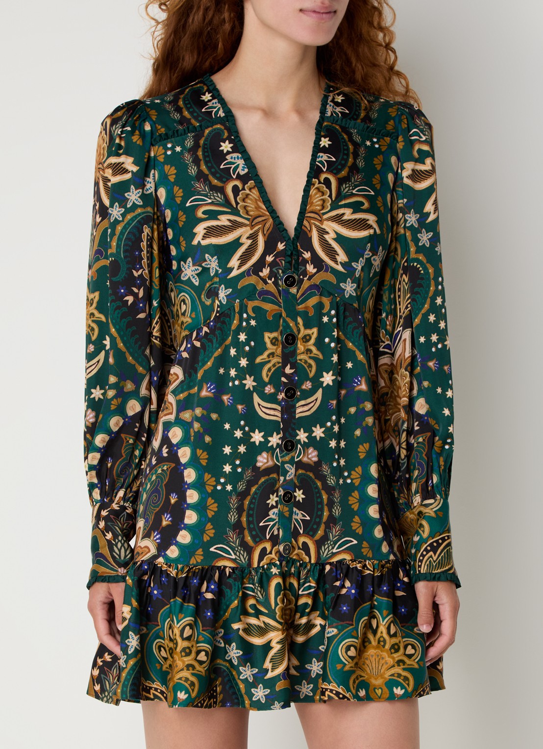 Farm Rio Jaipur mini blousejurk met print en ruches - detail donkergroen