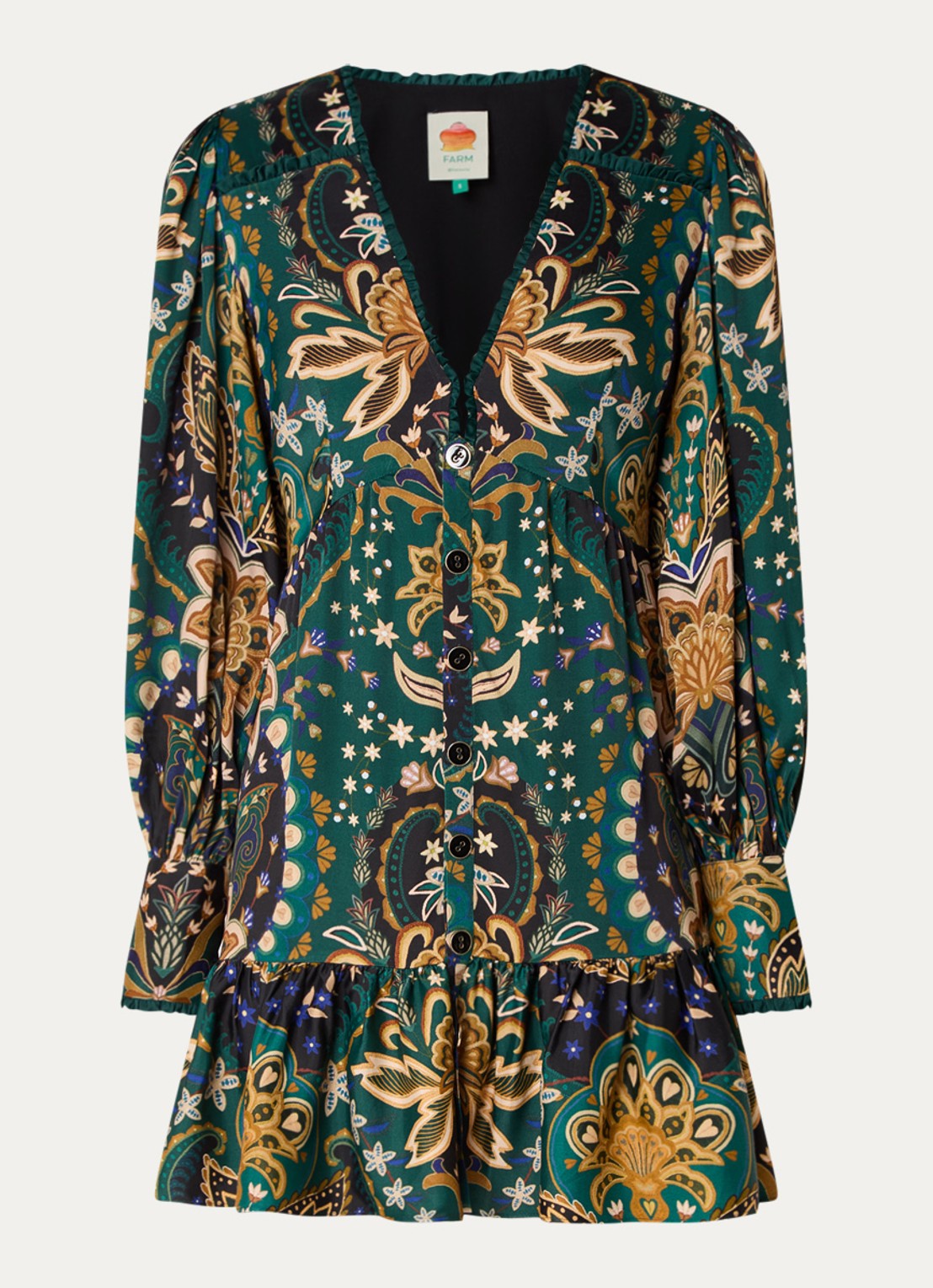 Farm Rio Jaipur mini blousejurk met print en ruches - voorkant 2 donkergroen