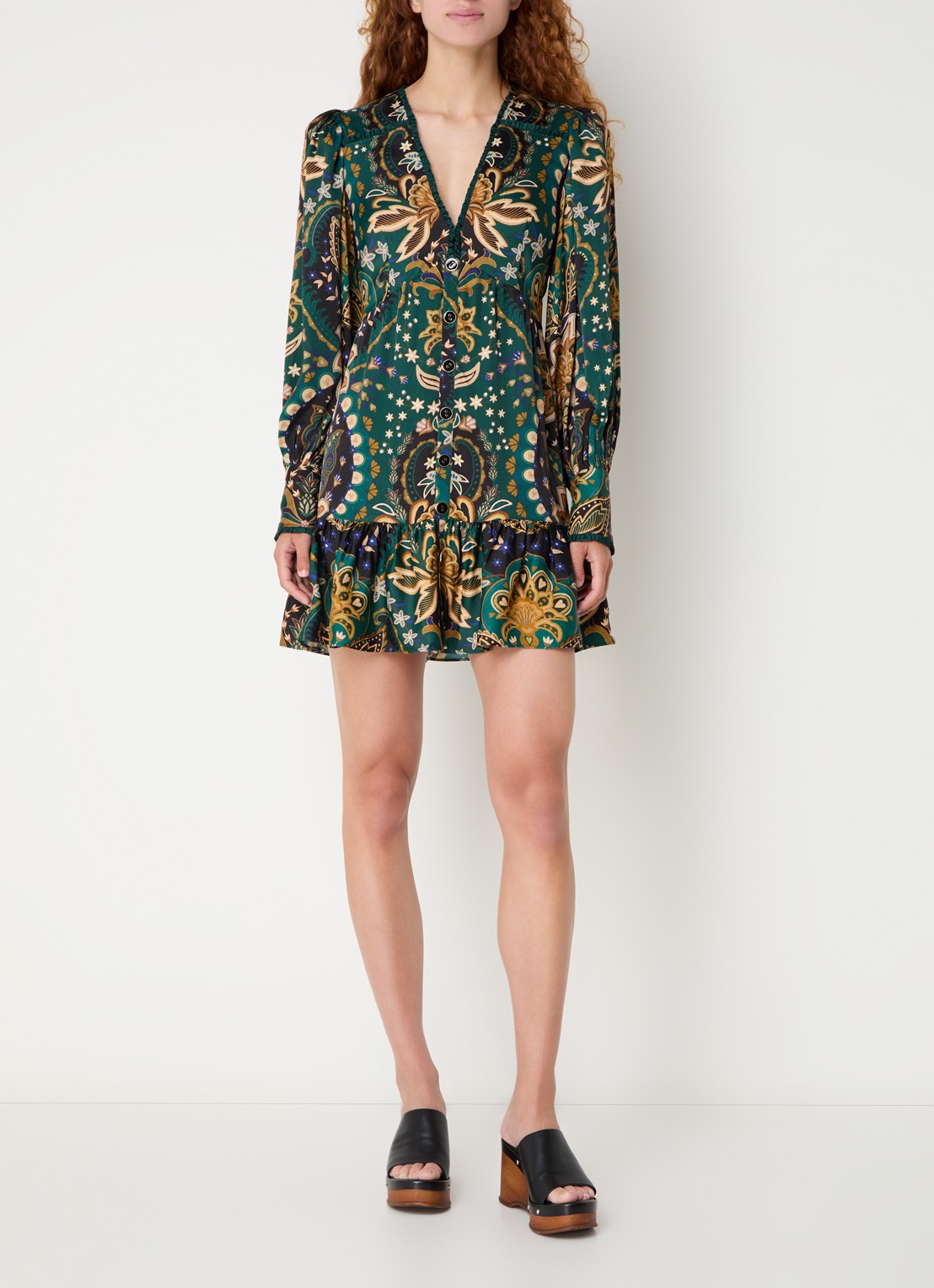 Farm Rio Jaipur mini blousejurk met print en ruches - voorkant 3 donkergroen
