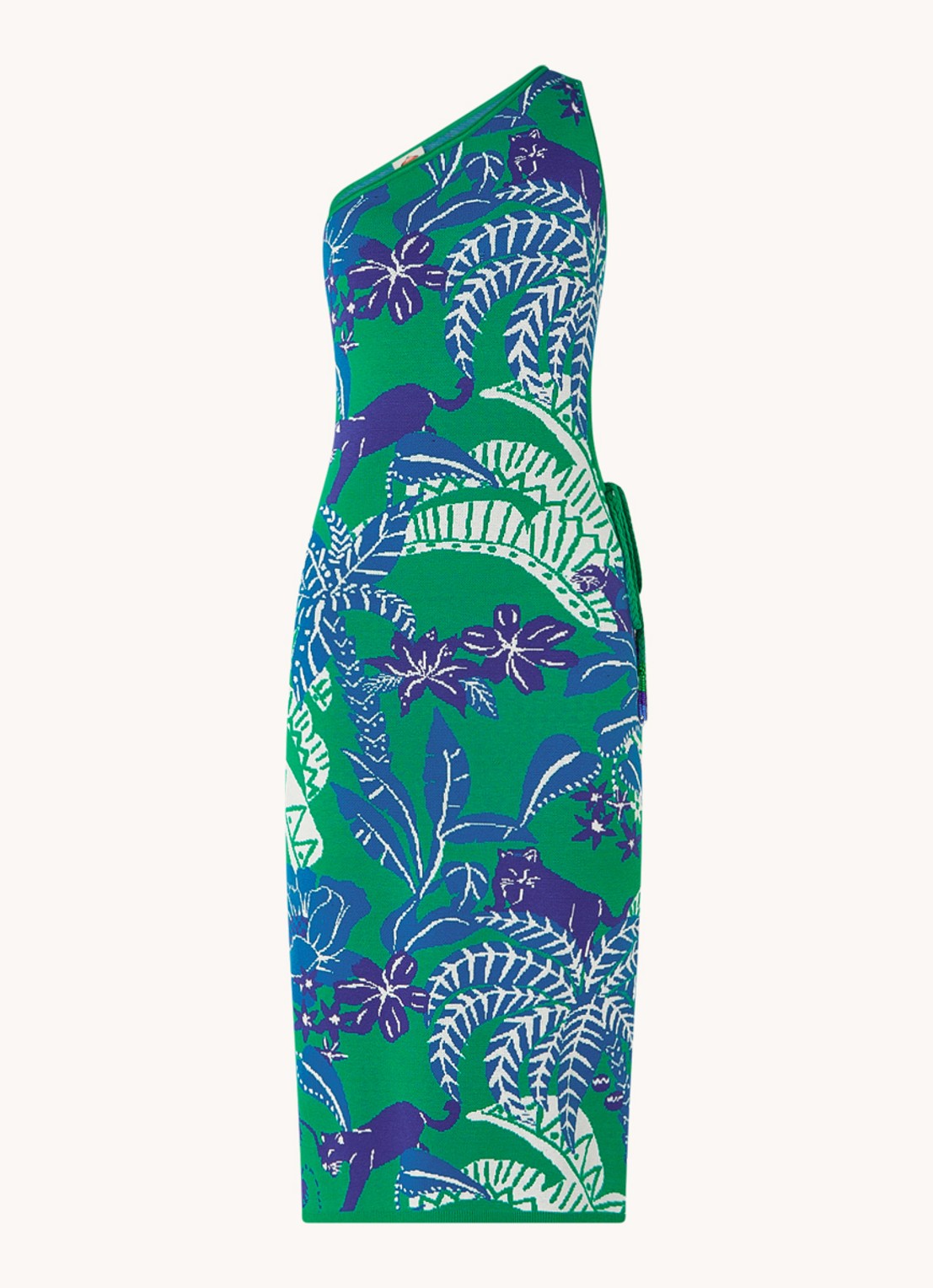 Farm Rio Jungle Panther one shoulder fijngebreide midi jurk met bladprint   Groen  de Bijenkorf