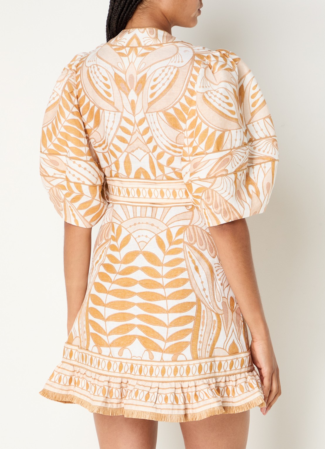 Farm Rio Lace Nature mini tuniekjurk van linnen met ceintuur en print - achterkant 3 beige