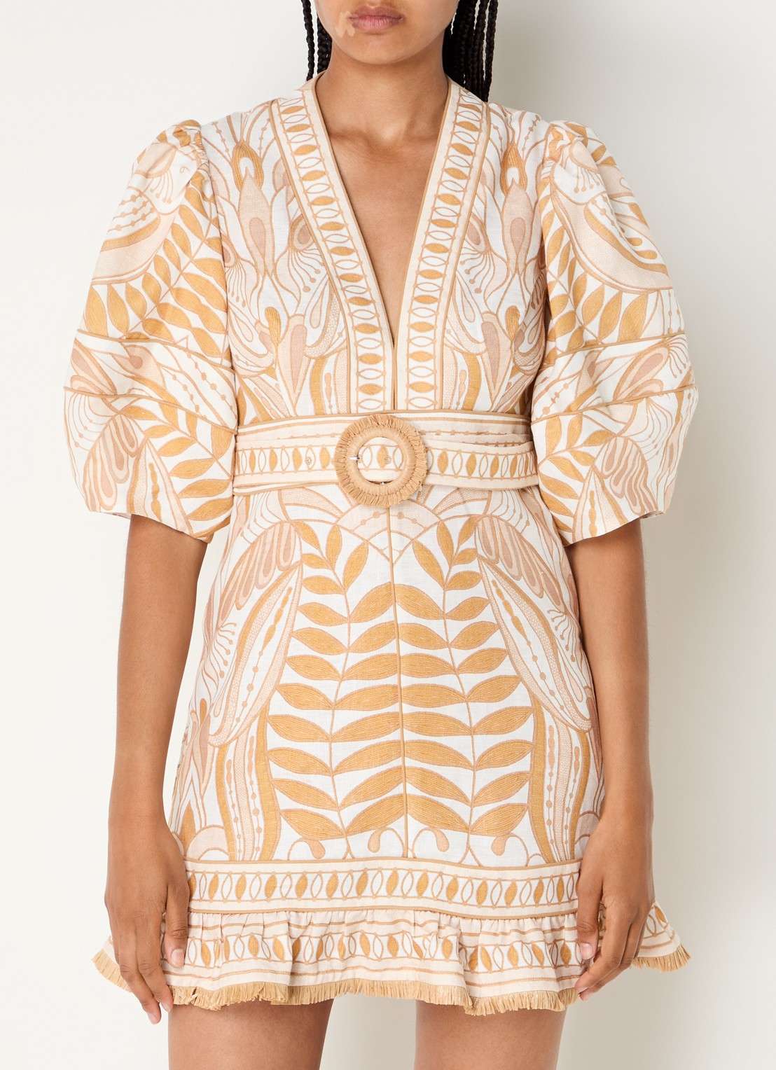 Farm Rio Lace Nature mini tuniekjurk van linnen met ceintuur en print - detail 4 beige