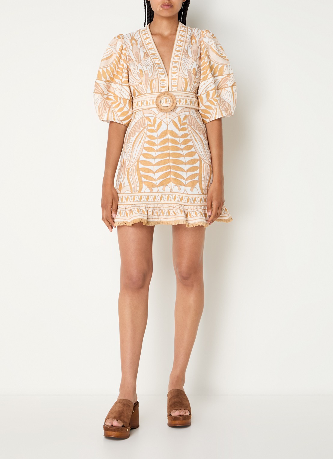 Farm Rio Lace Nature mini tuniekjurk van linnen met ceintuur en print - voorkant 2 beige