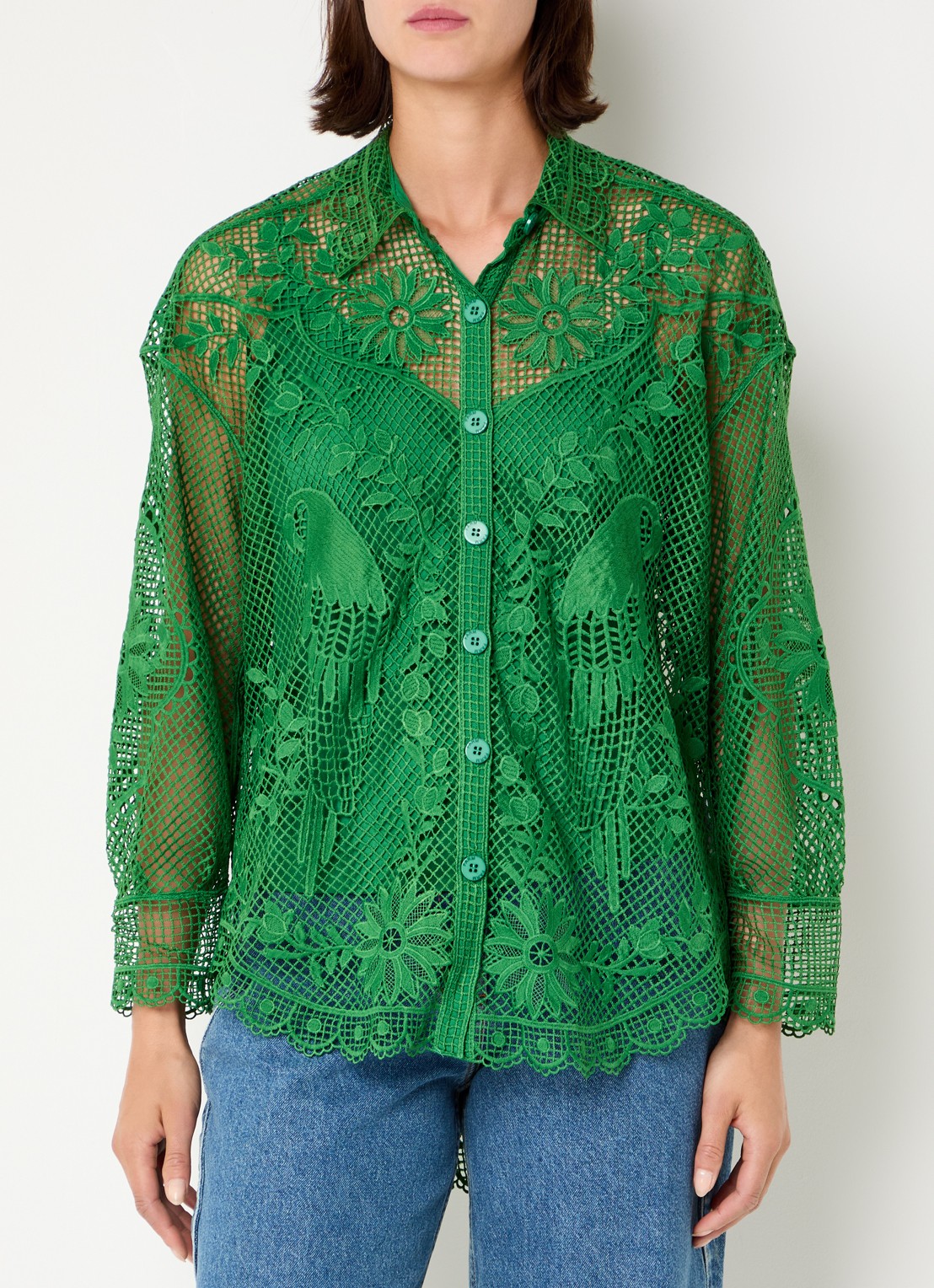 Farm Rio Landscape Guipure blouse met opengewerkt dessin - detail 2 groen