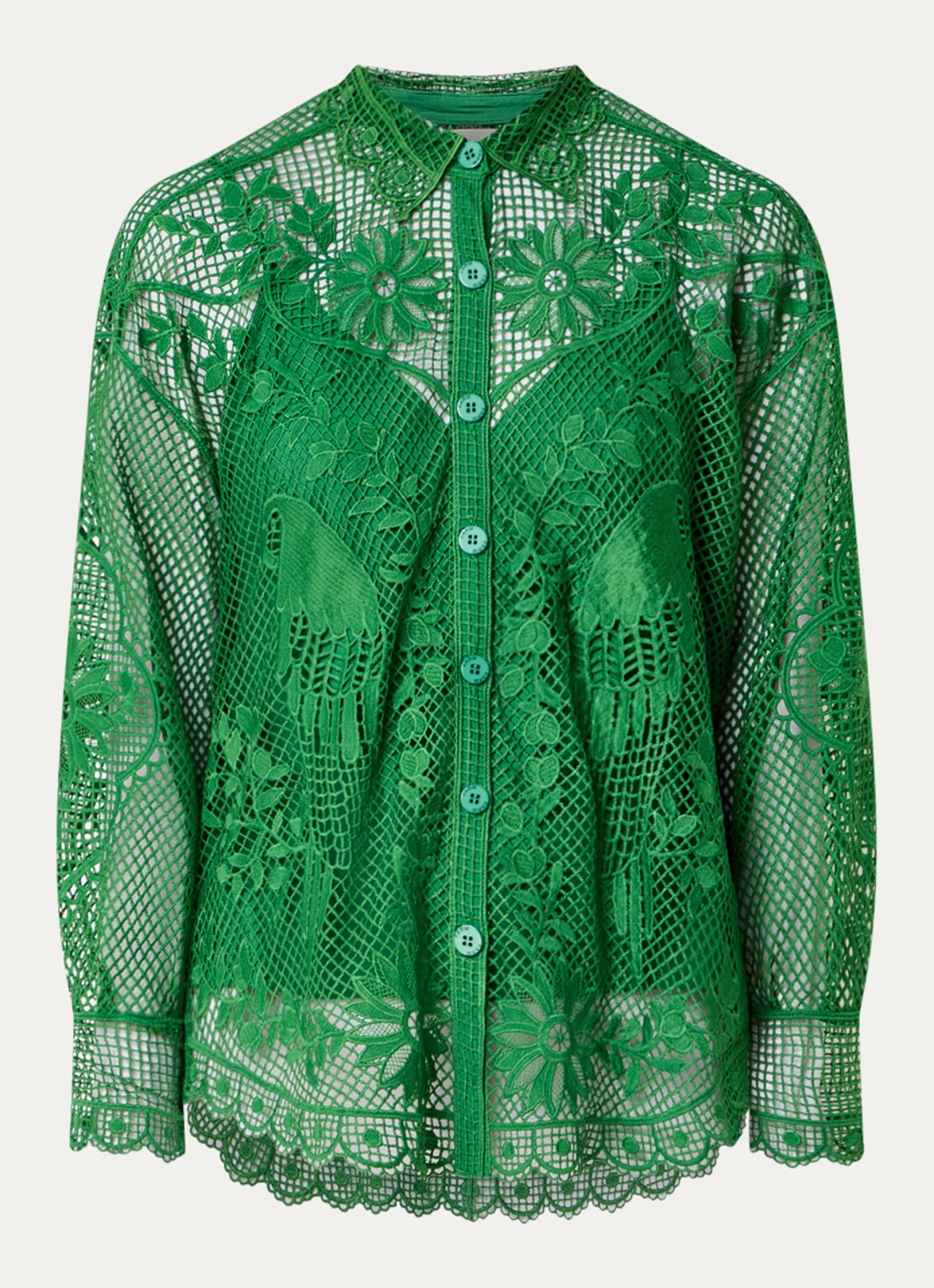 Farm Rio Landscape Guipure blouse met opengewerkt dessin - voorkant 3 groen