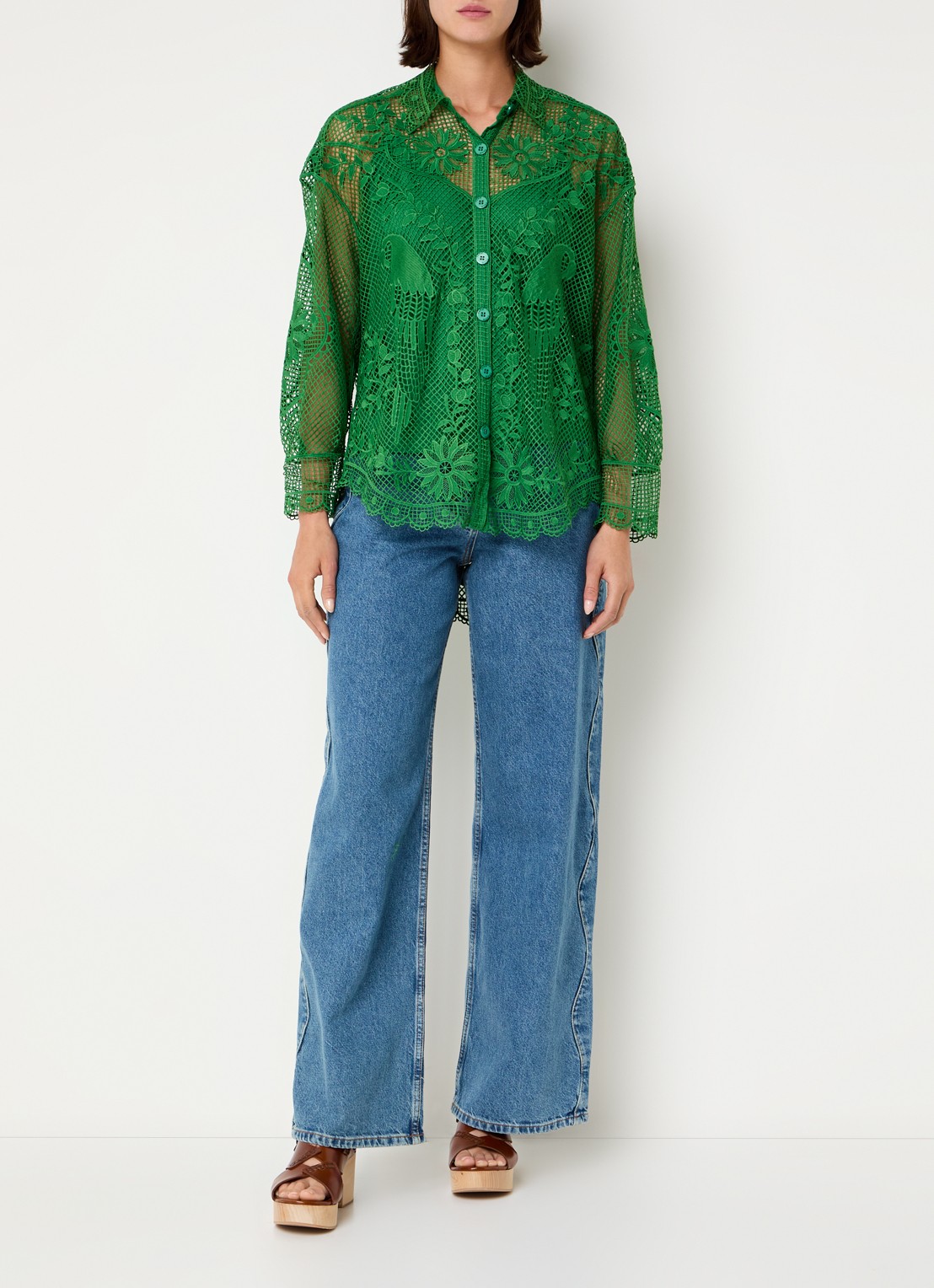 Farm Rio Landscape Guipure blouse met opengewerkt dessin - voorkant 4 groen