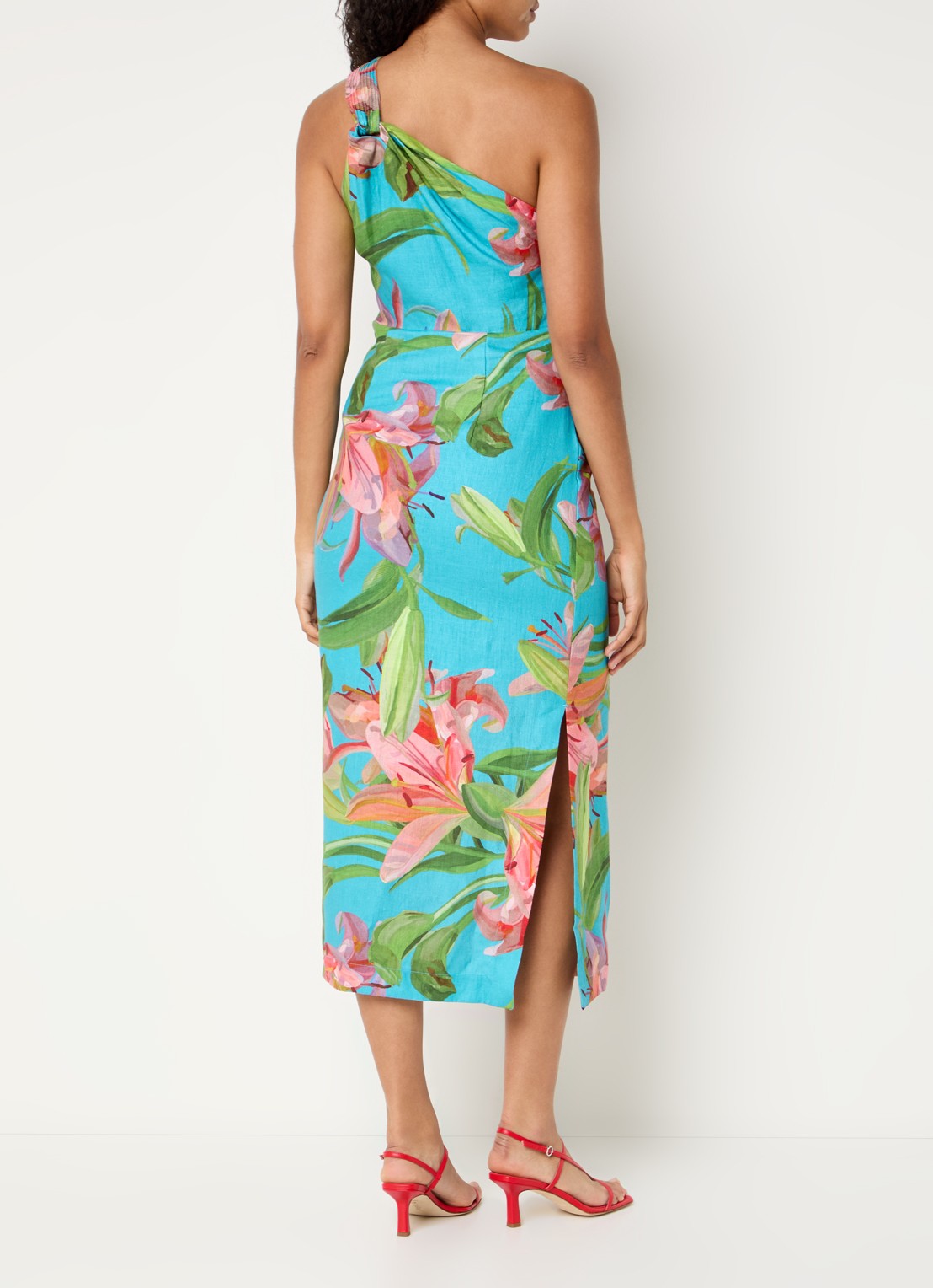 Farm Rio Lily one shoulder maxi jurk met bloemenprint en split - achterkant aquablauw
