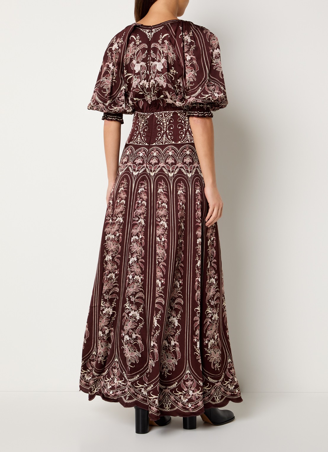 Farm Rio Liz maxi jurk met pofmouw en print - achterkant kastanjebruin