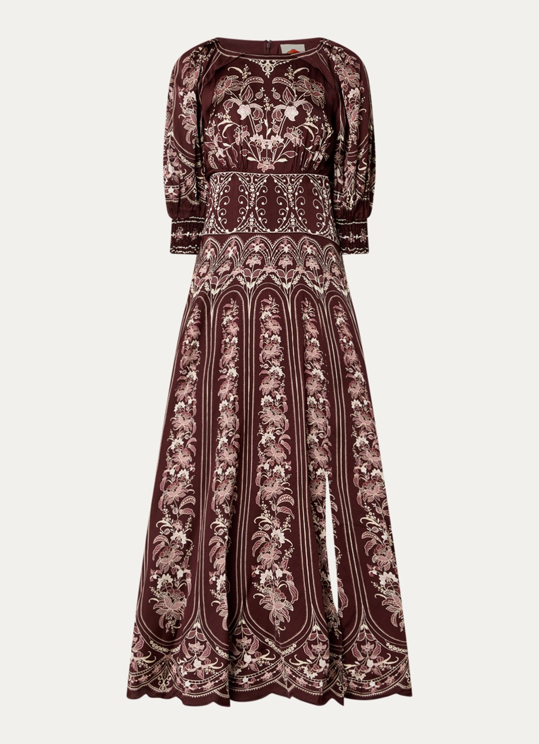 Farm Rio Liz maxi jurk met pofmouw en print - voorkant 3 kastanjebruin