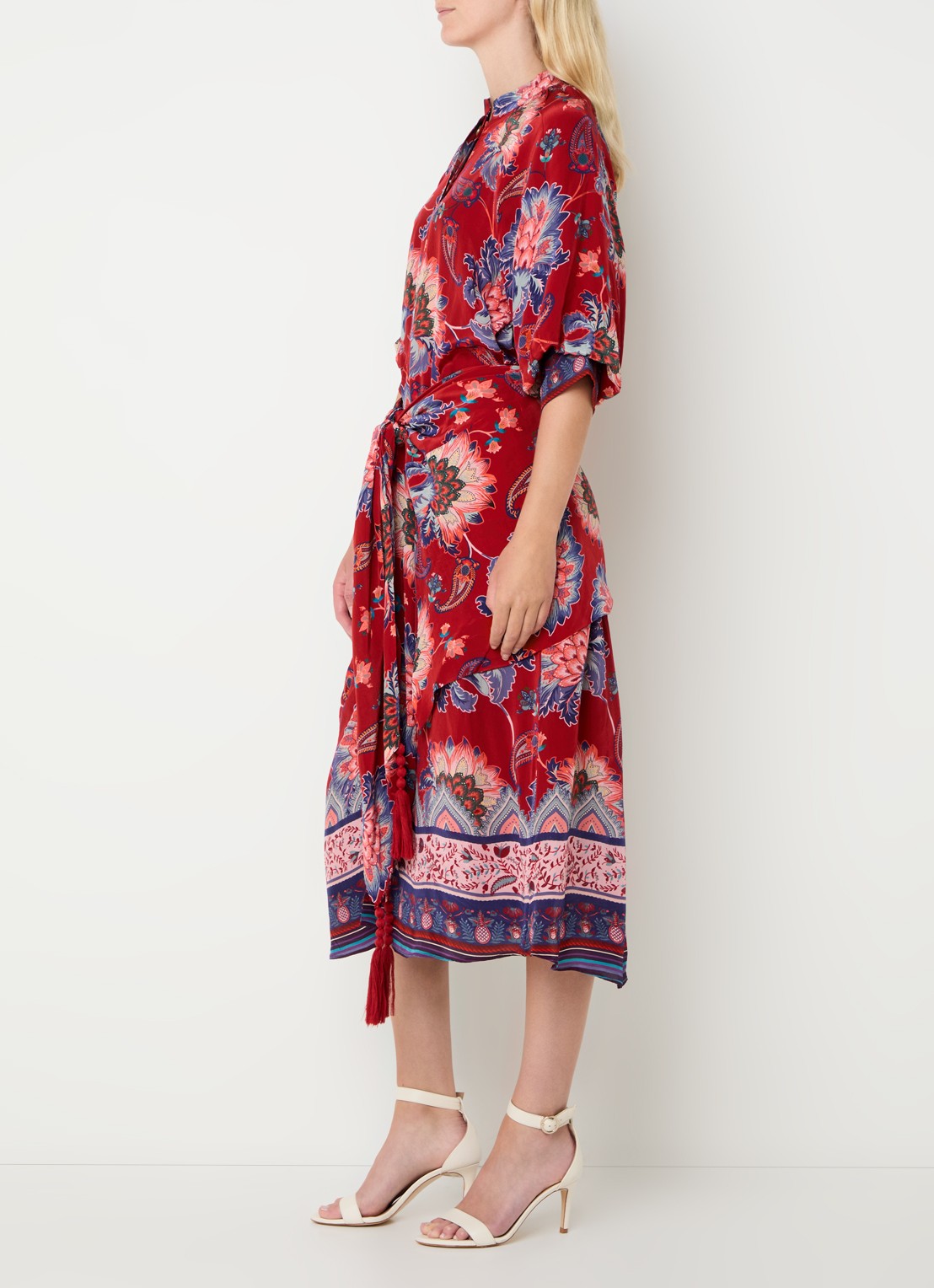 Farm Rio Luang midi blousejurk met bloemenprint en gestrikt detail - voorkant 4 rood