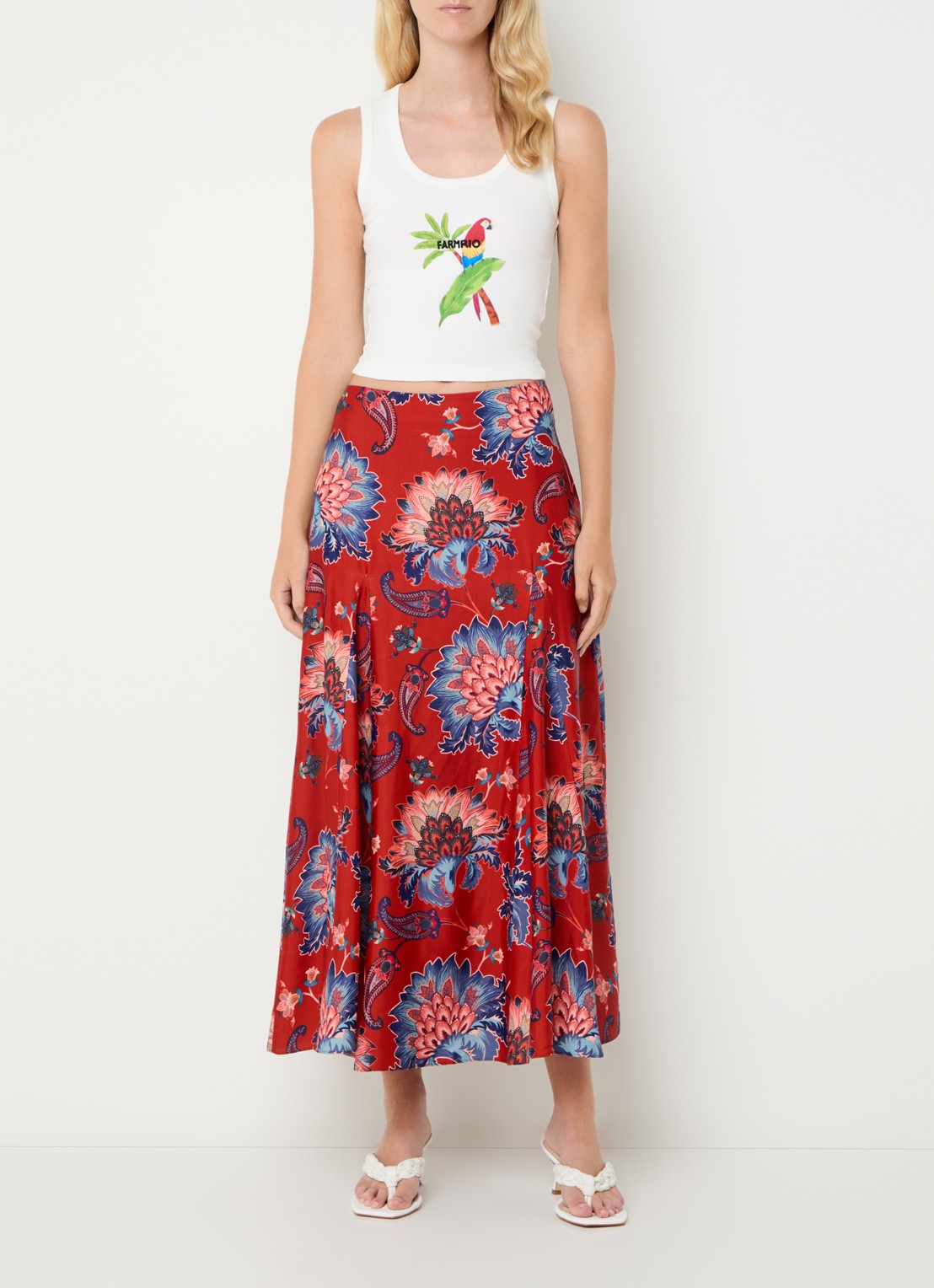 Farm Rio Luang midi rok met bloemenprint - voorkant 2 donkerrood