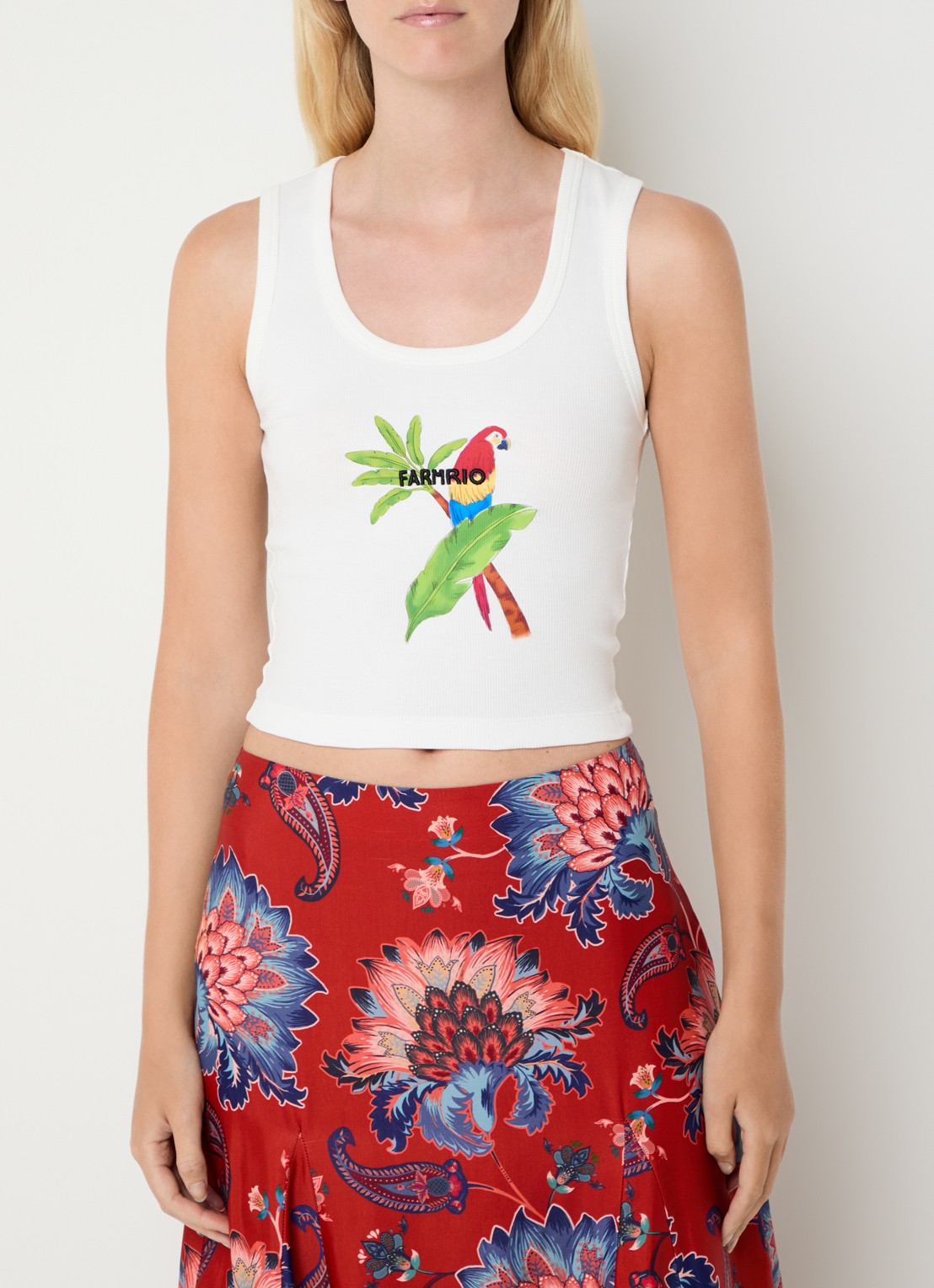 Farm Rio Macaw cropped tanktop met print en logoborduring - detail 4 gebroken wit