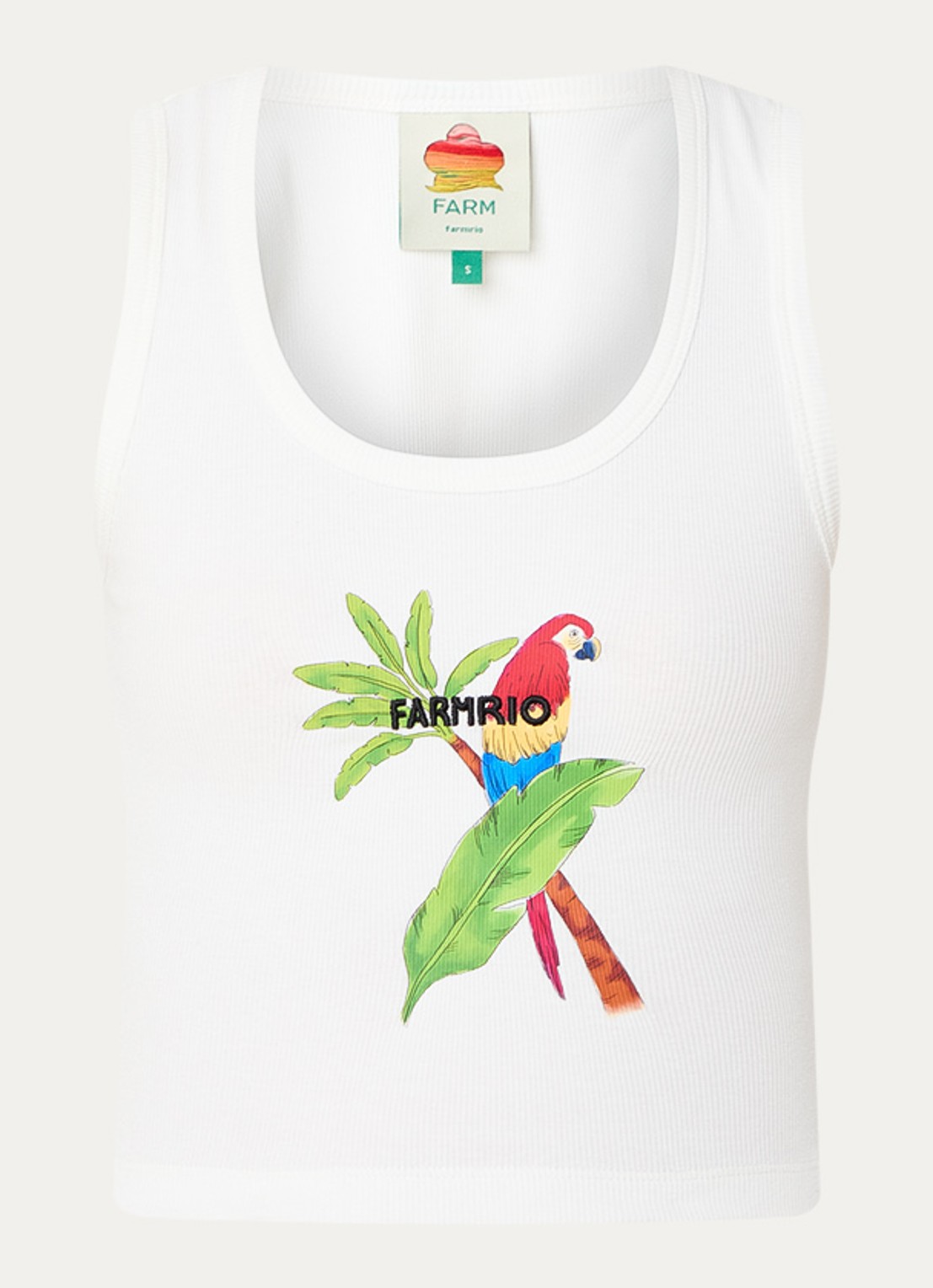 Farm Rio Macaw cropped tanktop met print en logoborduring - voorkant 2 gebroken wit