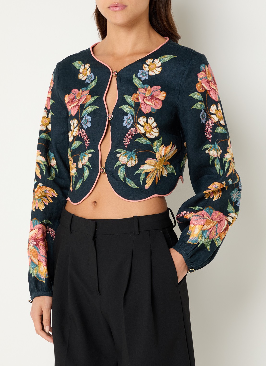 Farm Rio Maria cropped top van linnen met cut-out details - detail 2 donkerblauw