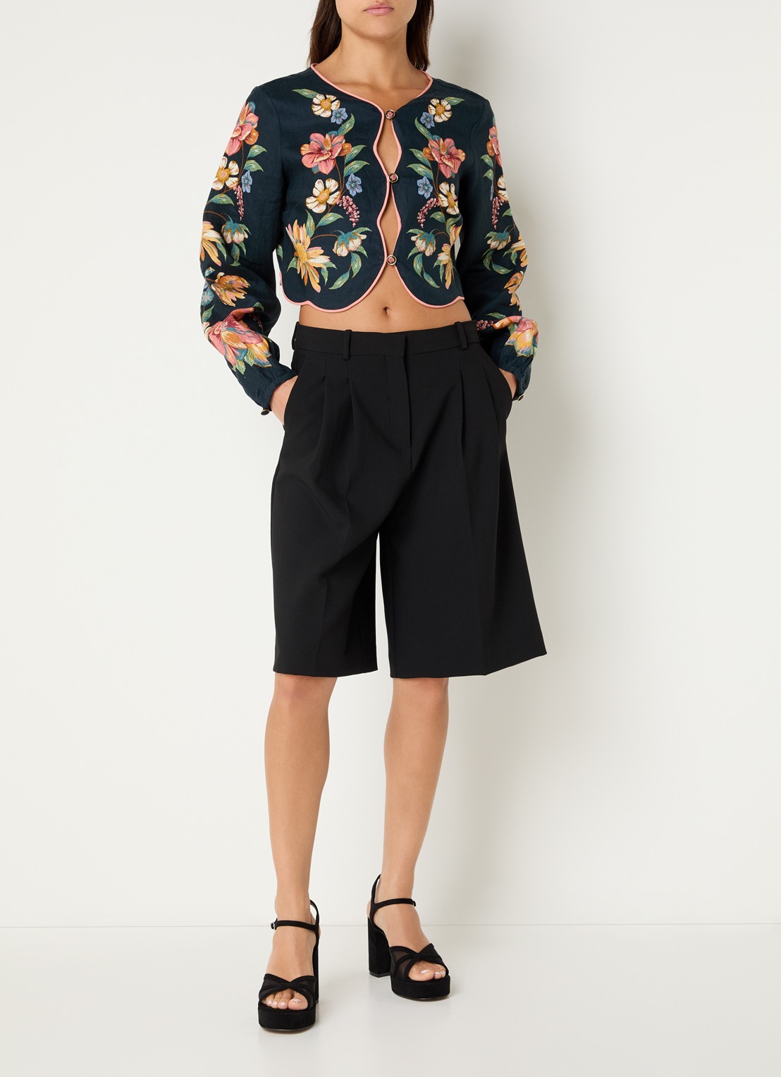 Farm Rio Maria cropped top van linnen met cut-out details - voorkant 4 donkerblauw