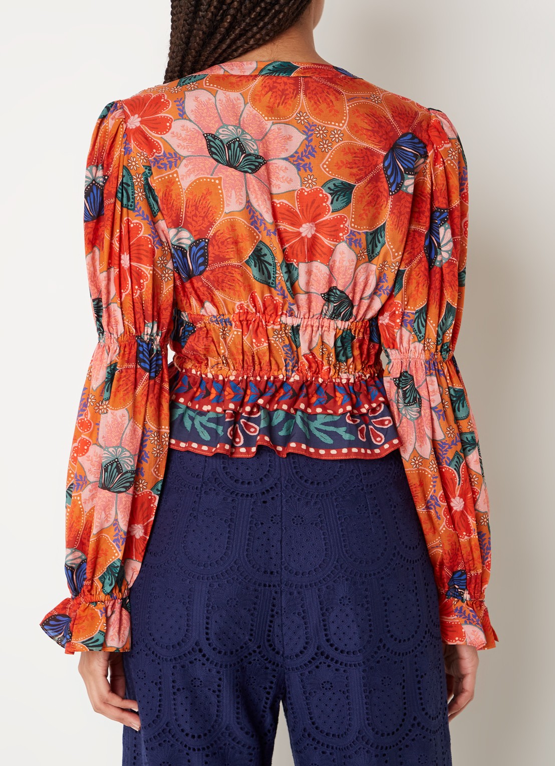 Farm Rio Marias blouse met bloemenprint en volant - achterkant 4 oranje