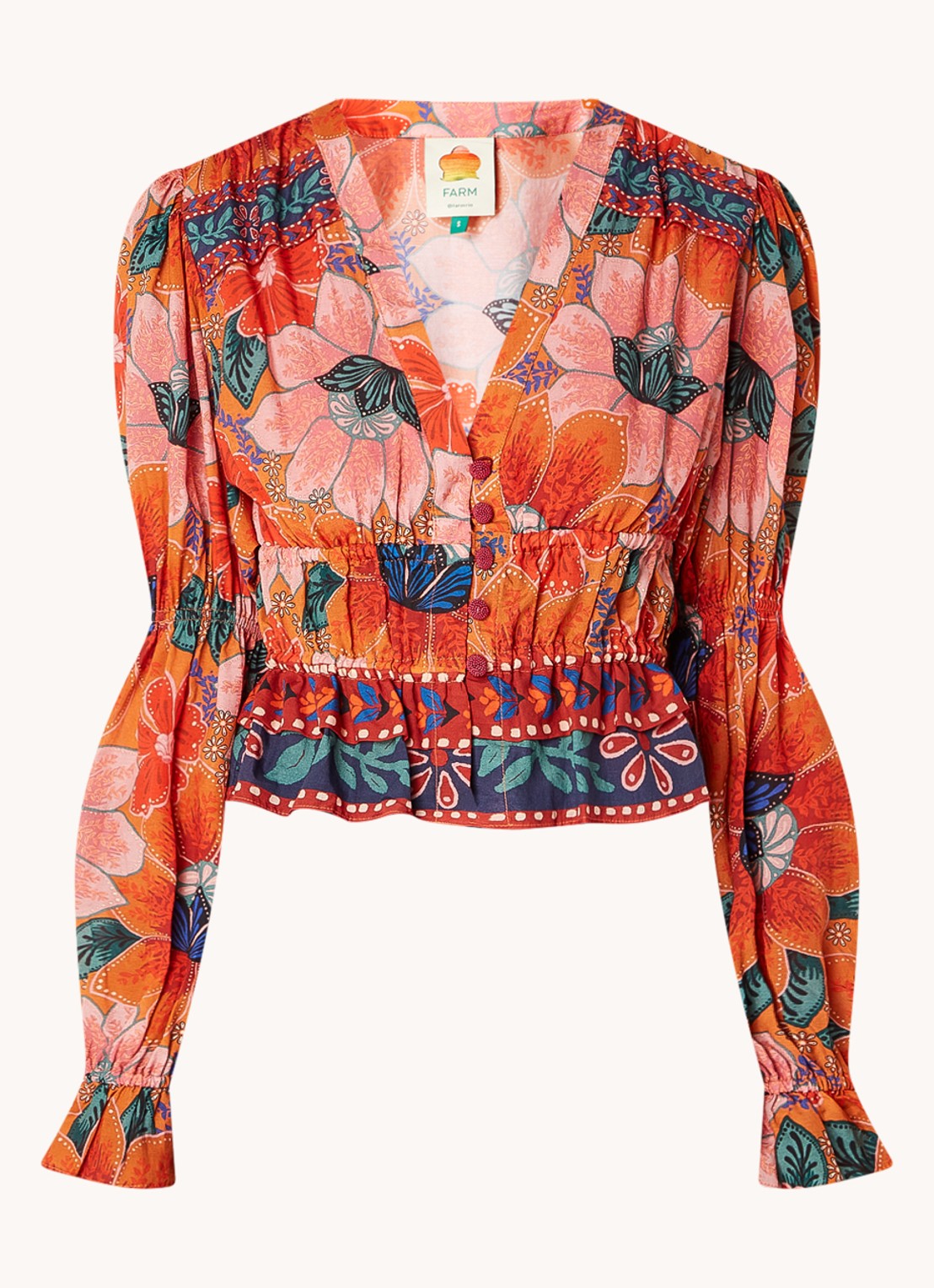 Farm Rio Marias blouse met bloemenprint en volant - voorkant oranje
