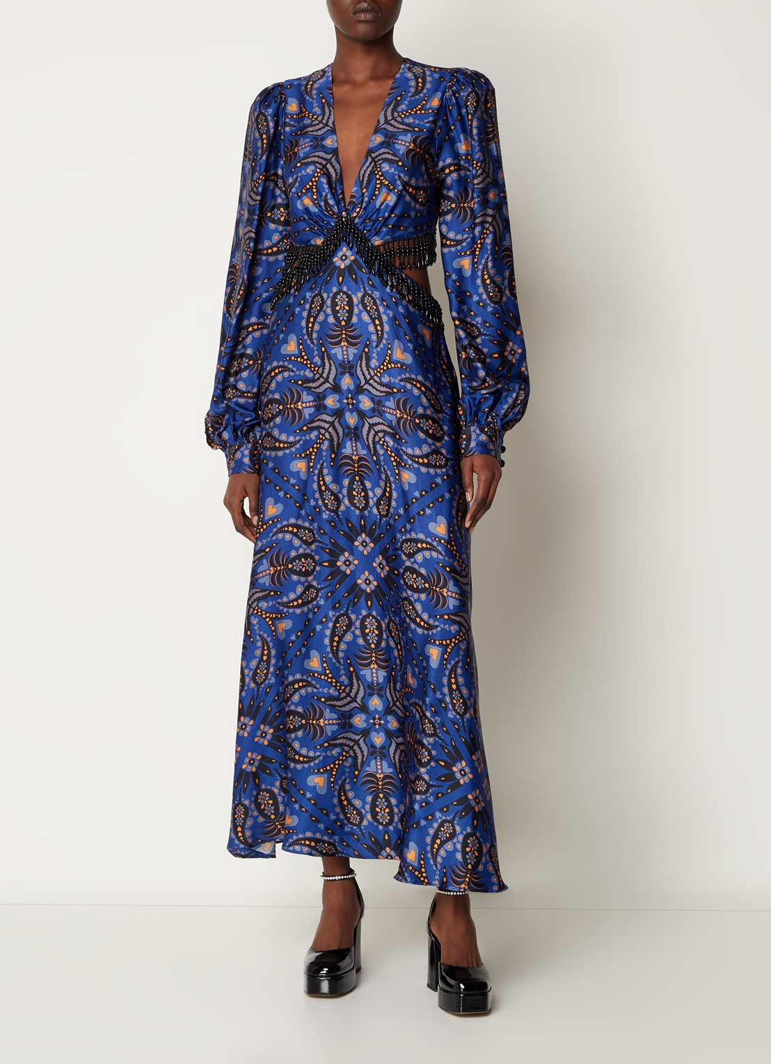 Farm Rio Martina maxi jurk van satijn met kralendecoratie - detail 3 donkerblauw