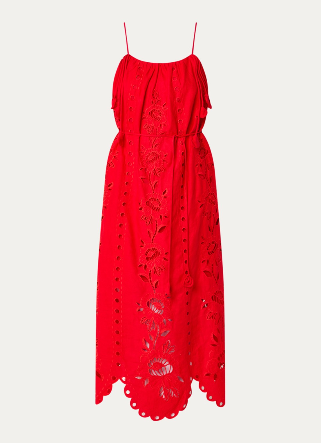 Farm Rio Maxi jurk in linnenblend met broderie en ceintuur - voorkant 3 rood