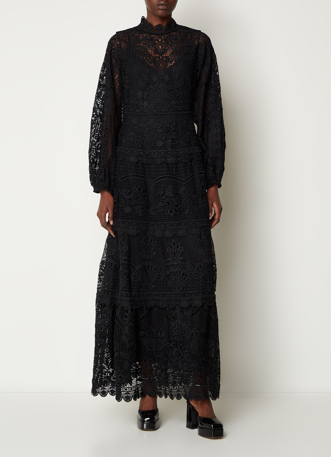Farm Rio Maxi jurk van broderie met ballonmouw - detail 4 zwart
