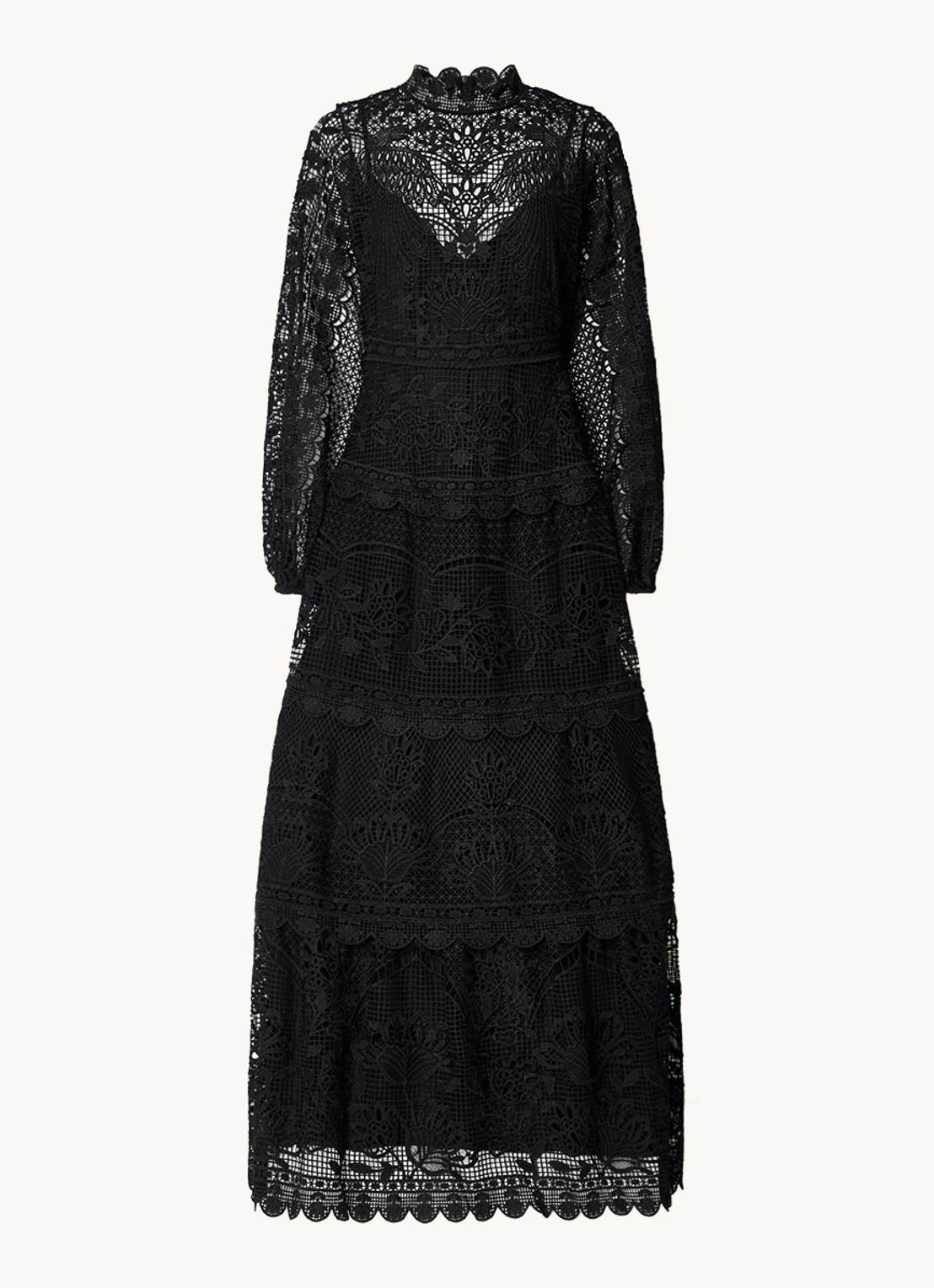 Farm Rio Maxi jurk van broderie met ballonmouw - voorkant 2 zwart