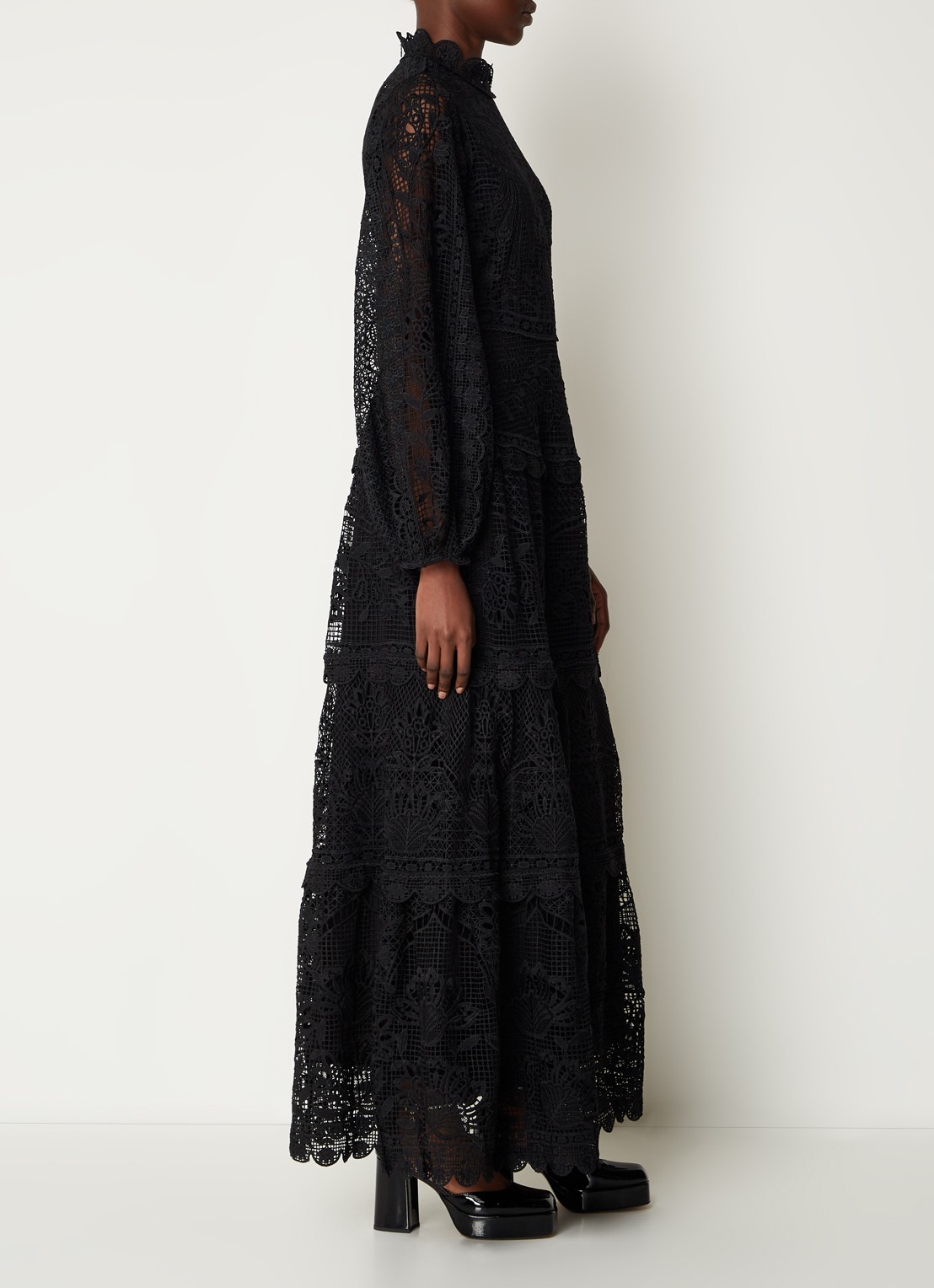 Farm Rio Maxi jurk van broderie met ballonmouw - voorkant 3 zwart