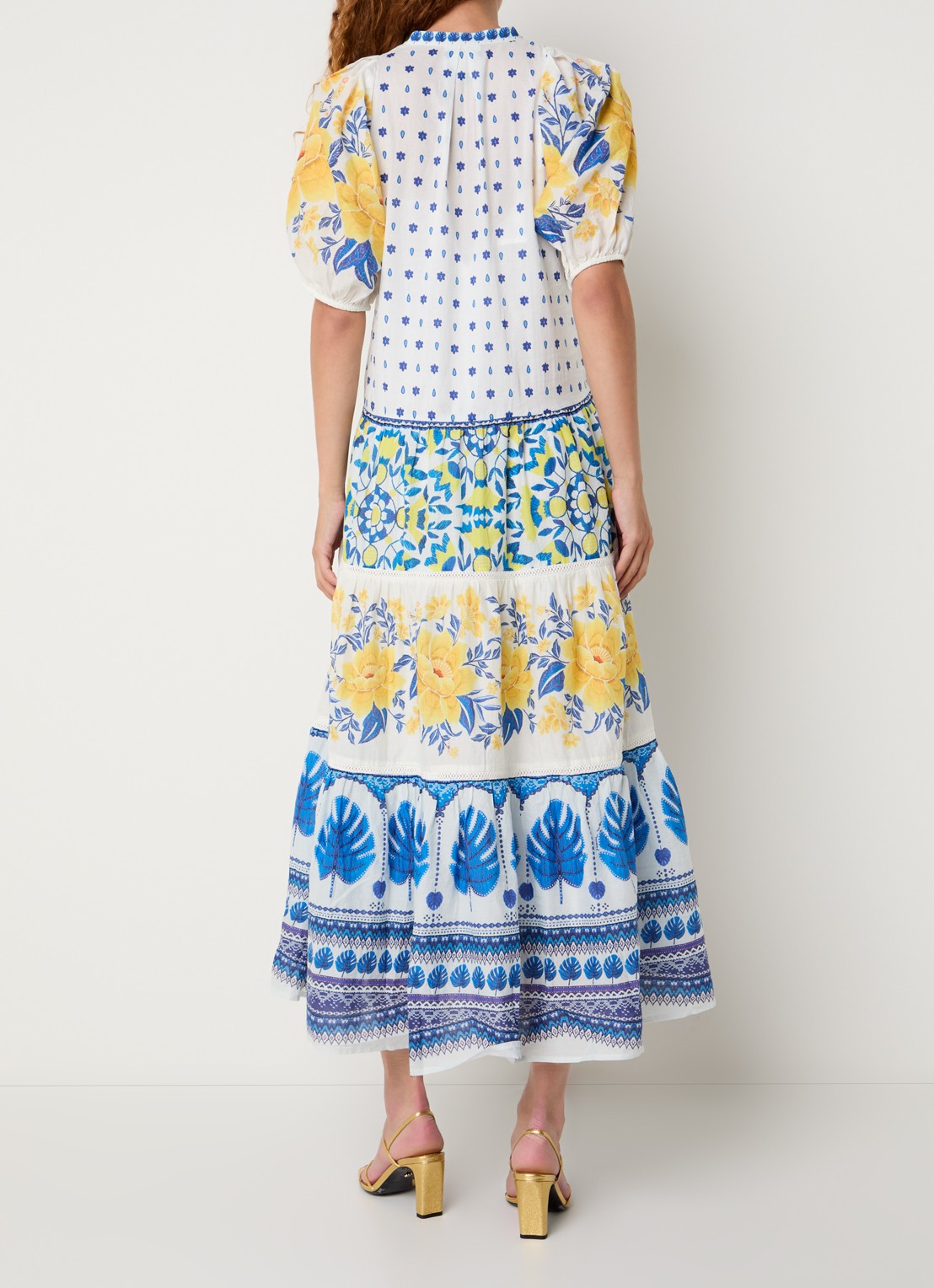 Farm Rio Maxi tuniekjurk met pofmouw en print - achterkant wit