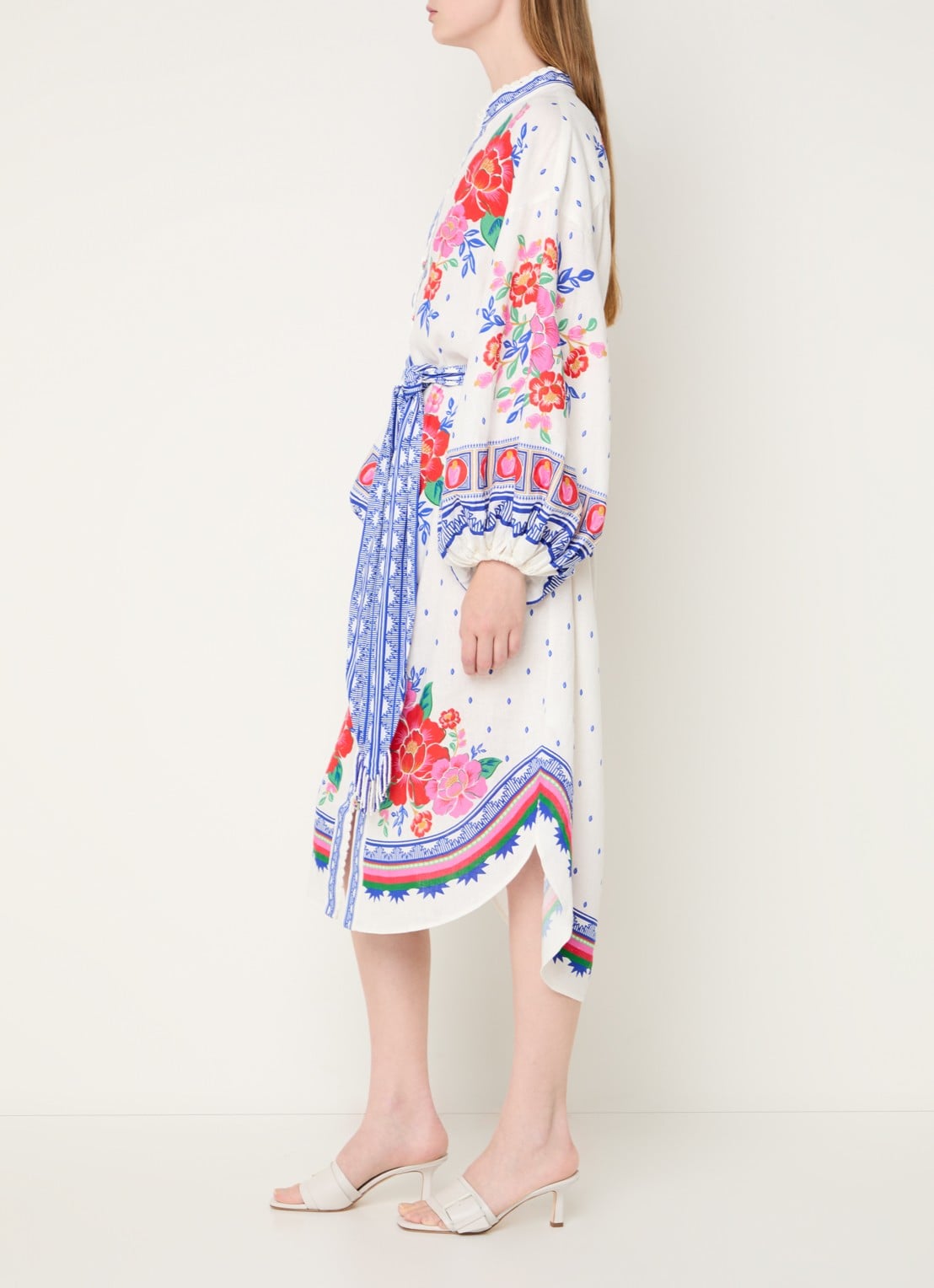 Farm Rio Midi blousejurk in linnenblend met bloemenprint - voorkant 3 gebroken wit