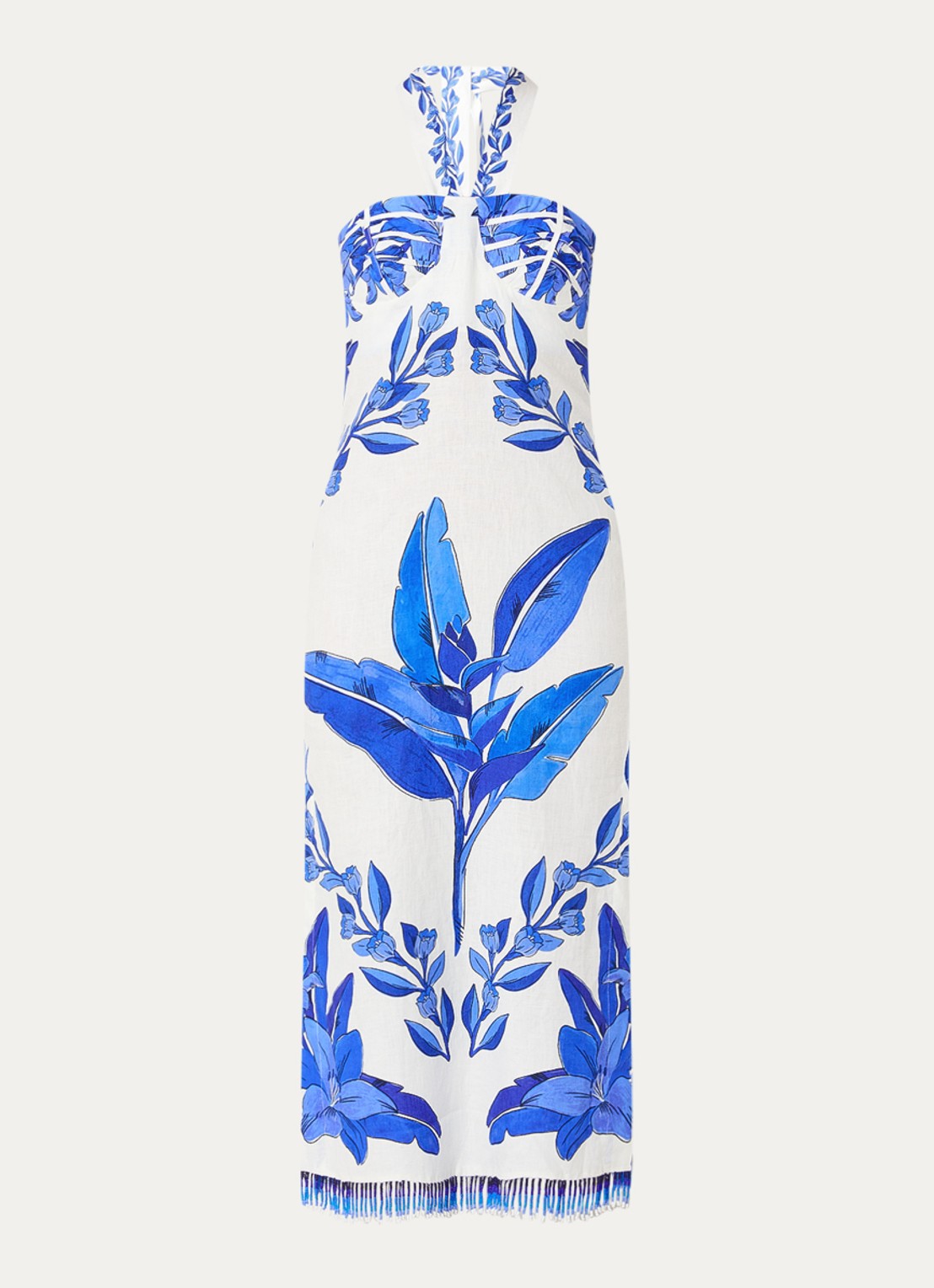 Farm Rio Midi halterjurk van linnen met bloemenprint - voorkant 4 gebroken wit