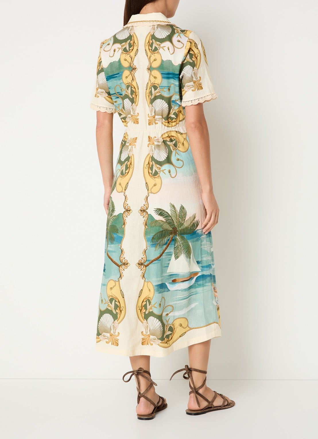 Farm Rio Midi jurk in linnenblend met strikceintuur en print - achterkant 4 gebroken wit