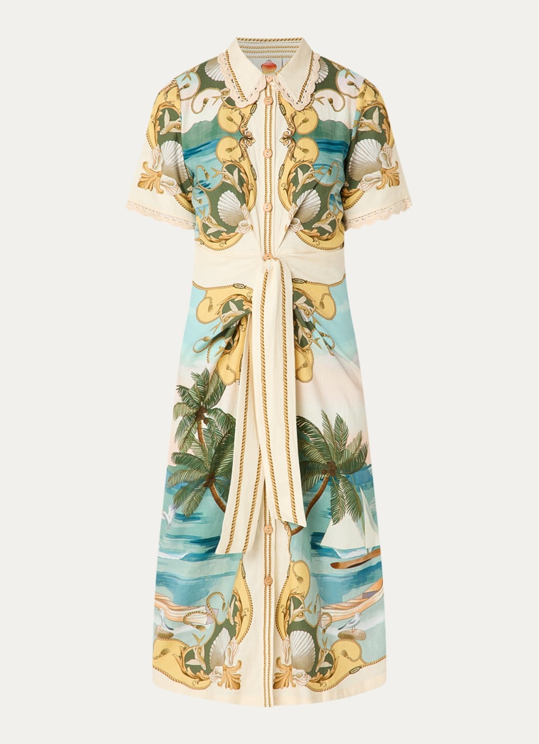 Farm Rio Midi jurk in linnenblend met strikceintuur en print - voorkant 2 gebroken wit