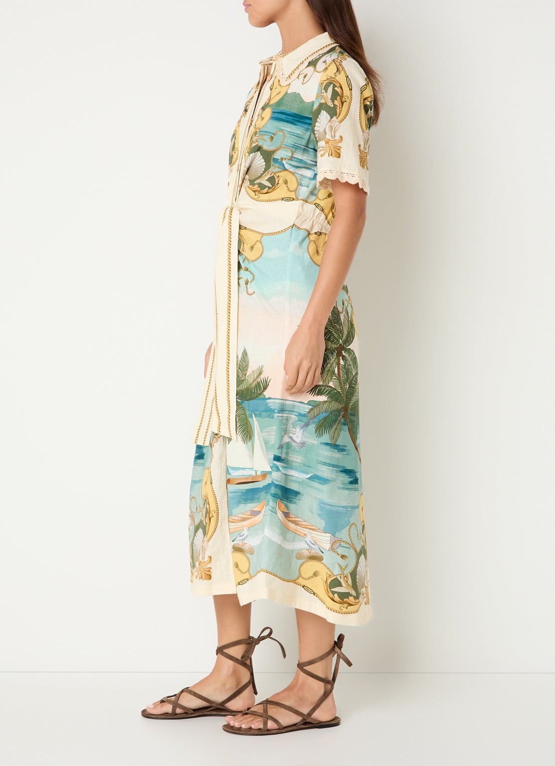 Farm Rio Midi jurk in linnenblend met strikceintuur en print - voorkant 3 gebroken wit
