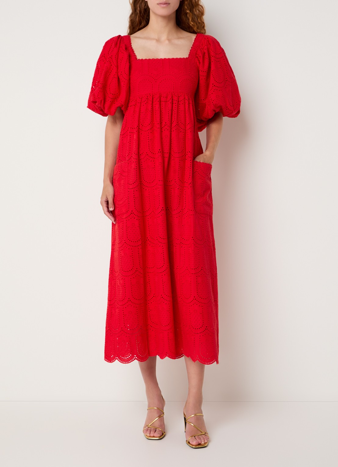 Farm Rio Midi jurk met ballonmouw en broderie - detail 4 rood