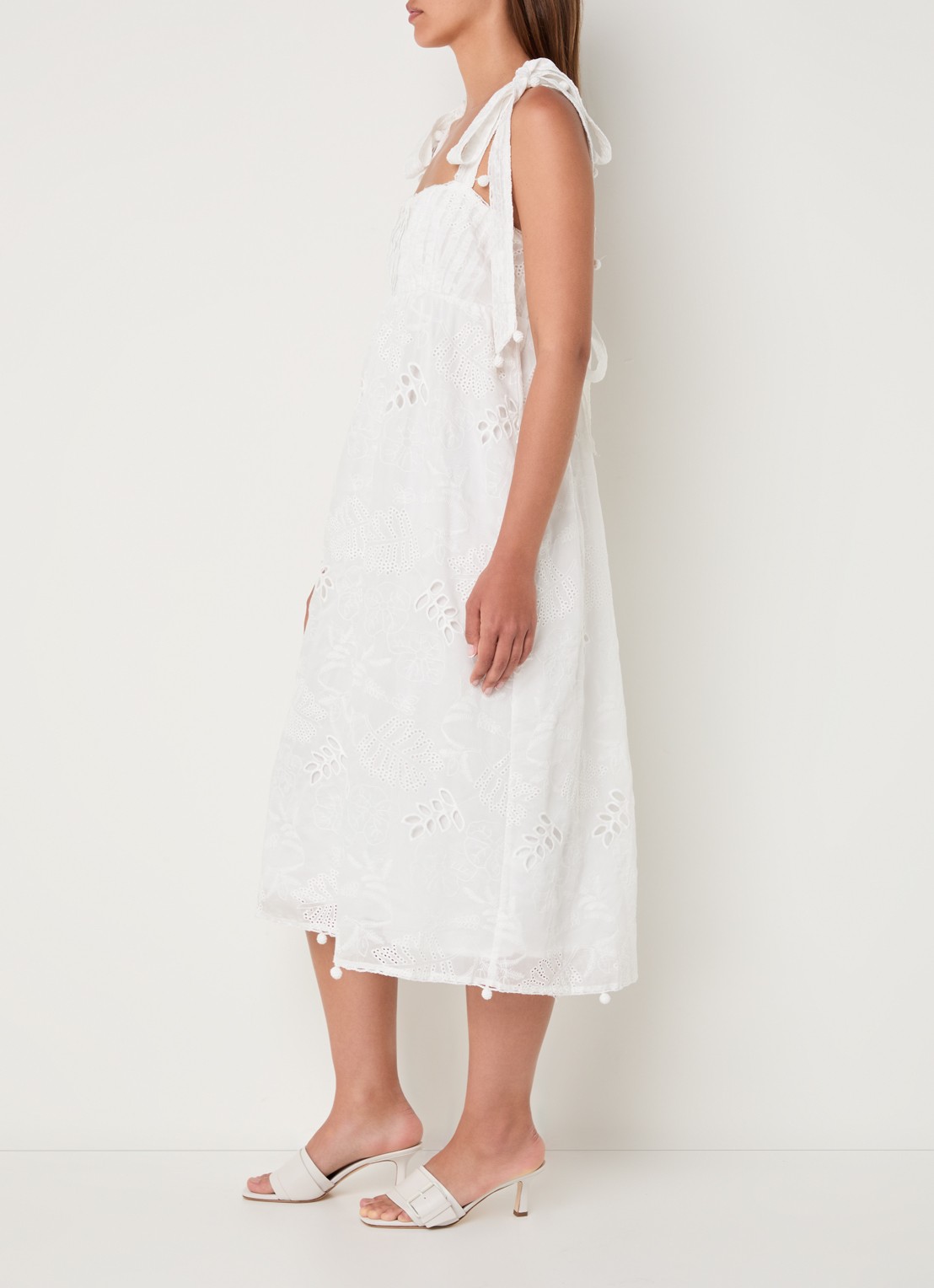 Farm Rio Midi jurk met broderie en geknoopt detail - voorkant 4 wit