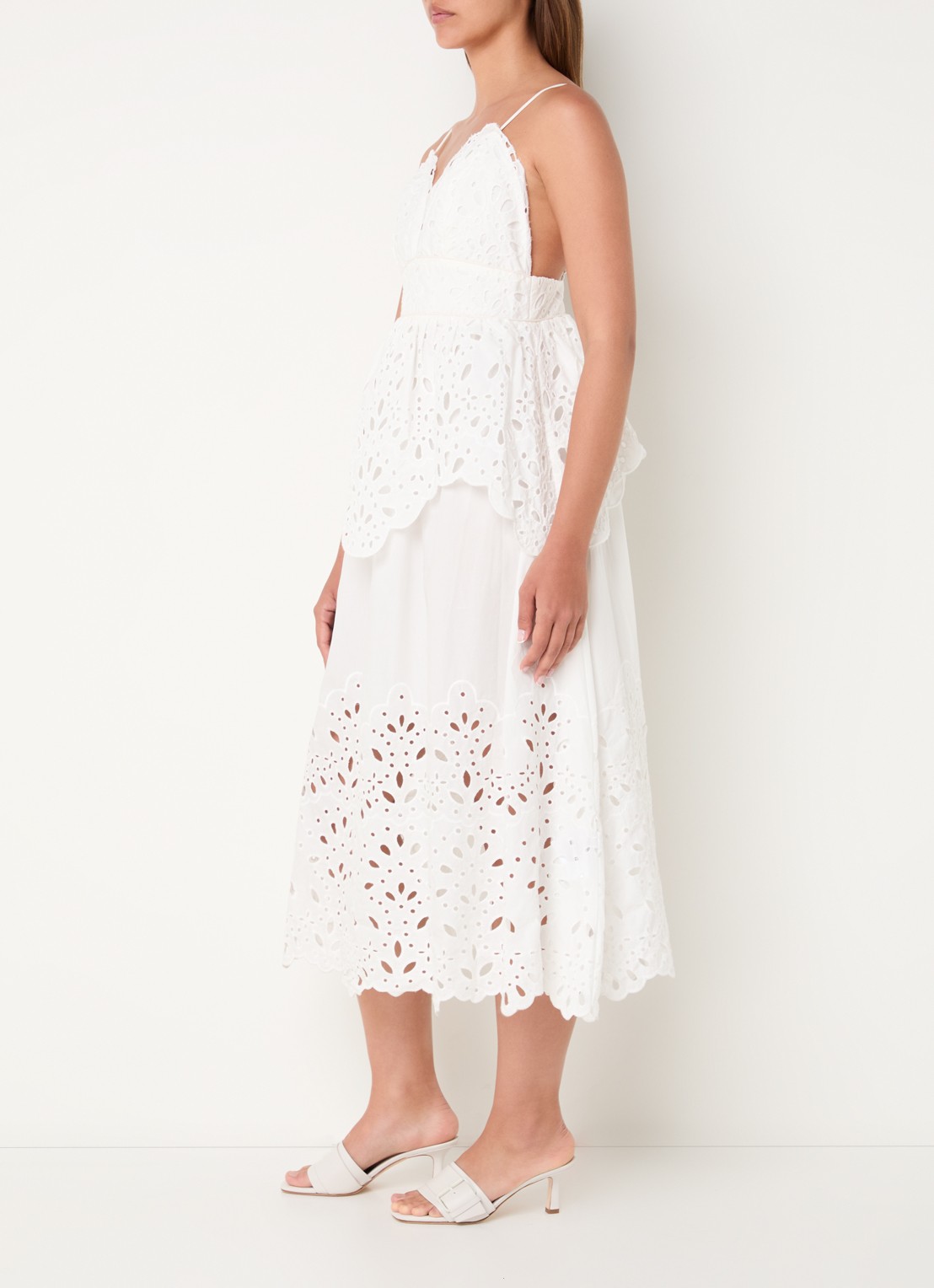 Farm Rio Midi jurk met broderie en volant - voorkant 2 wit