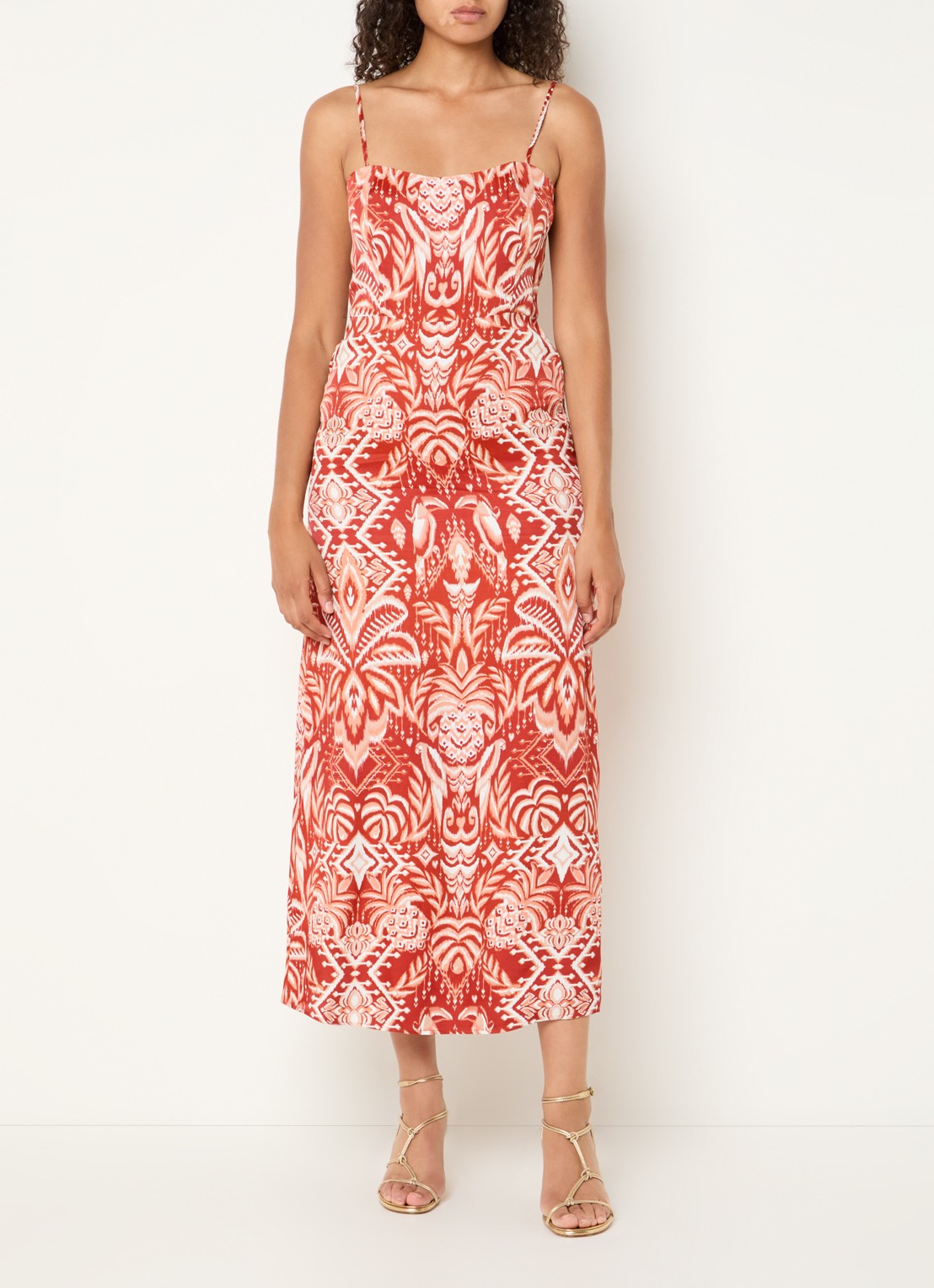 Farm Rio Midi jurk met print en spaghettibandjes - detail rood