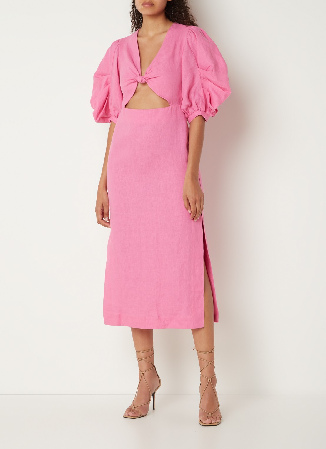 FARM Rio Midi jurk van linnen met geknoopt detail en pofmouw - detail 4 roze
