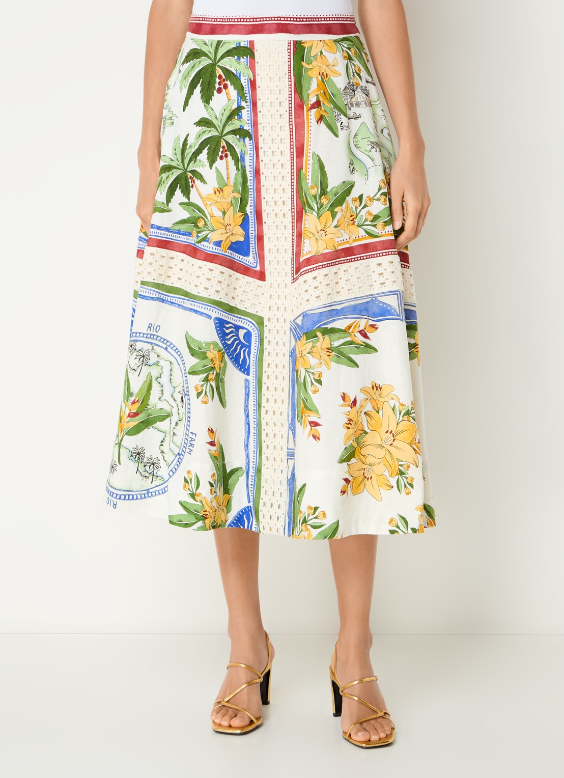 Farm Rio Midi rok in linnenblend met print en opengewerkt detail - detail 4 groen