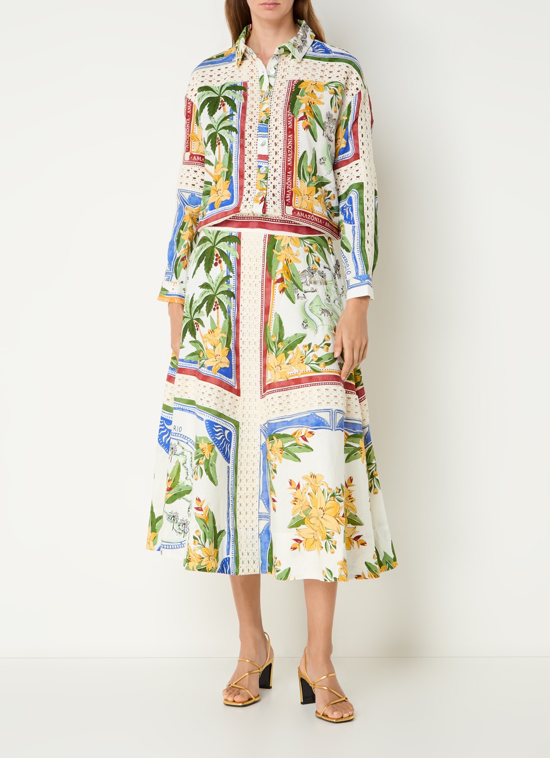Farm Rio Midi rok in linnenblend met print en opengewerkt detail - voorkant 3 groen