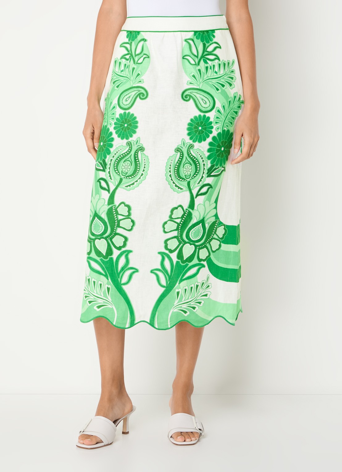 Farm Rio Midi rok van linnen met bloemenprint - detail groen