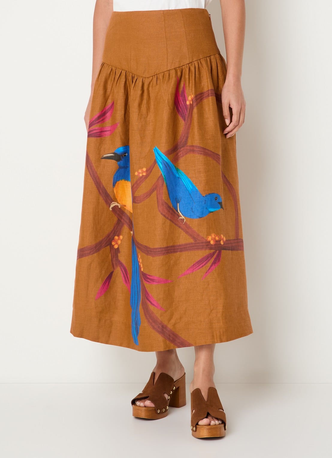 Farm Rio Midi rok van linnen met print en smockwerk - detail cognac