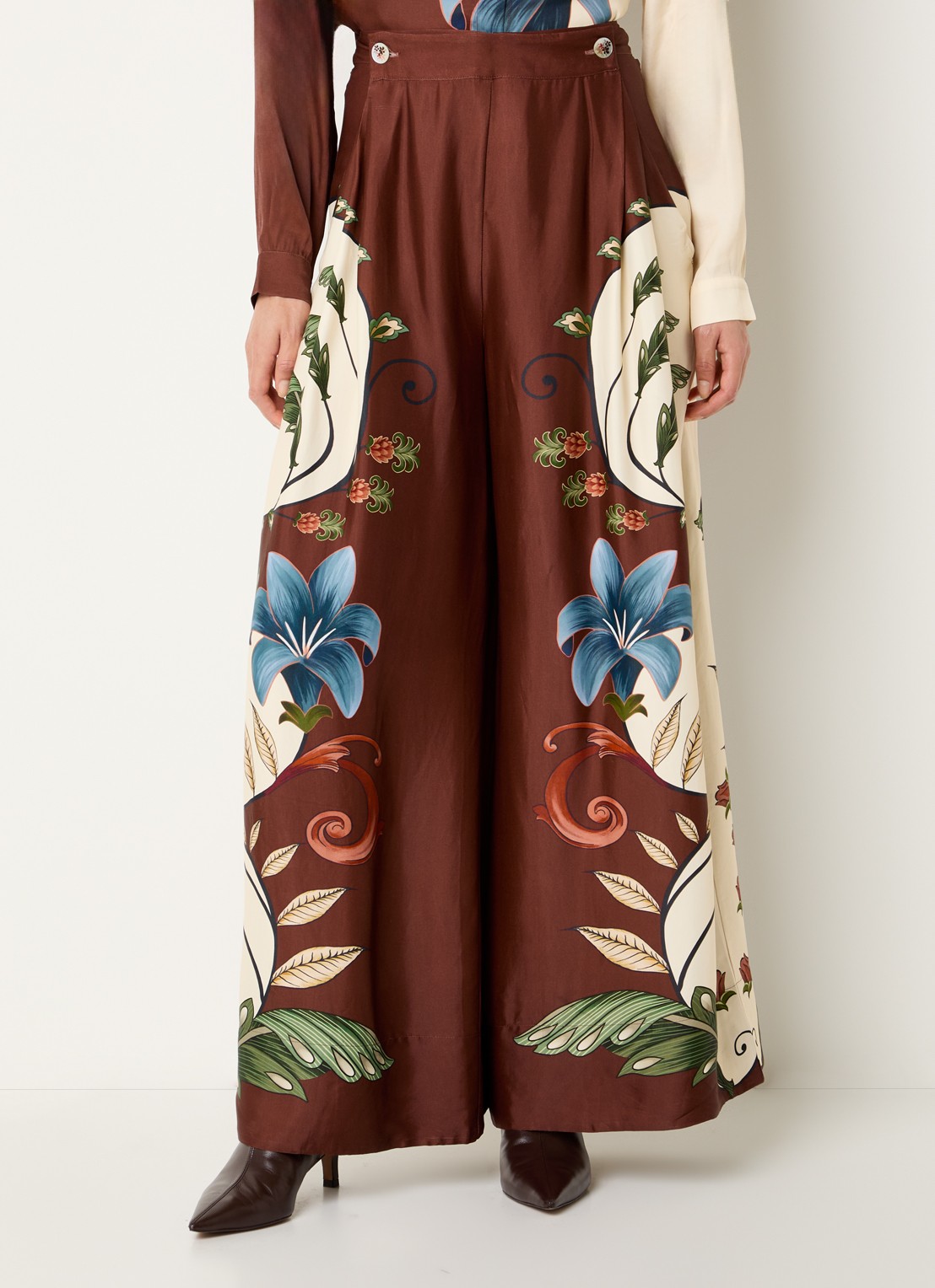 Farm Rio Milena high waist wide fit broek met print - detail 4 hazelnootbruin