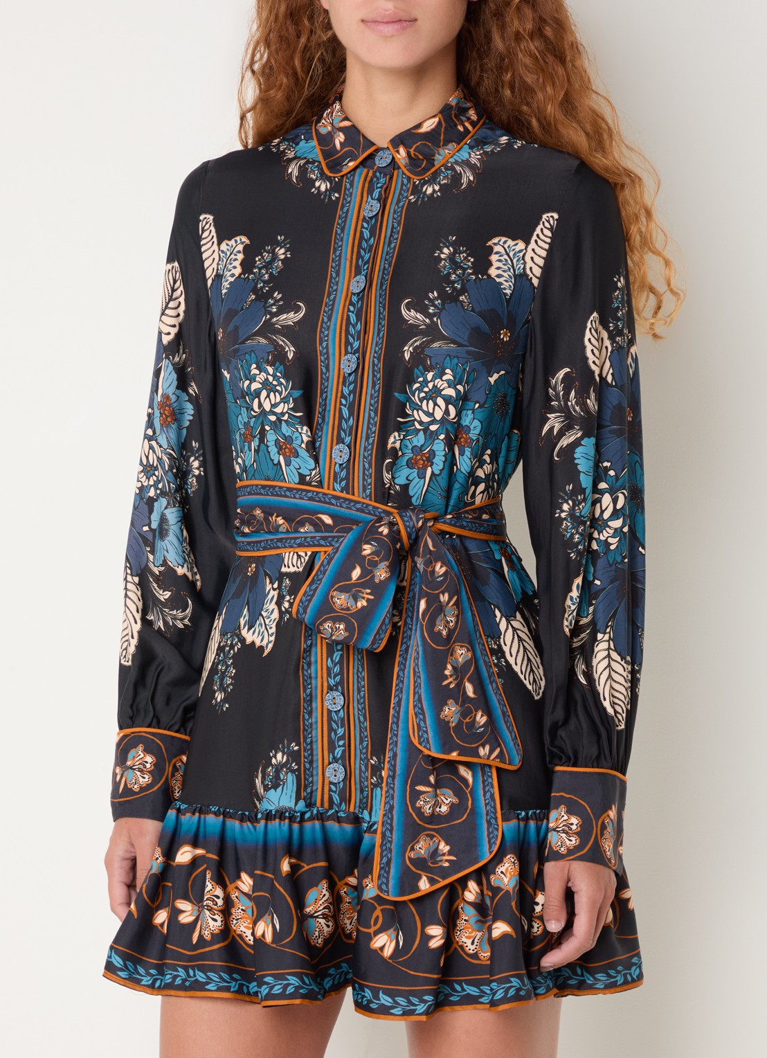 Farm Rio Mini blousejurk met bloemenprint en strikceintuur - detail 2 donkerblauw
