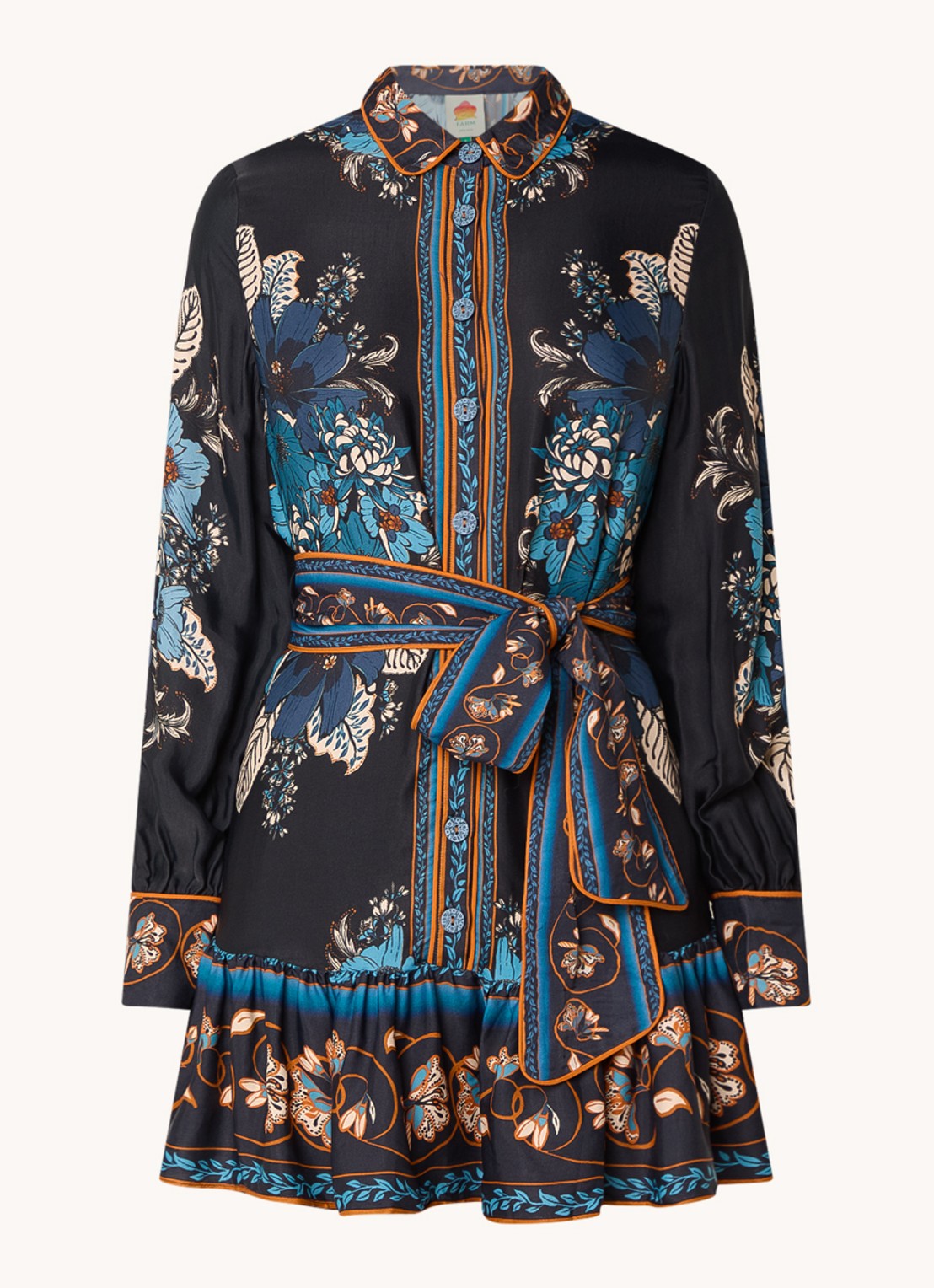 Farm Rio Mini blousejurk met bloemenprint en strikceintuur - voorkant 4 donkerblauw
