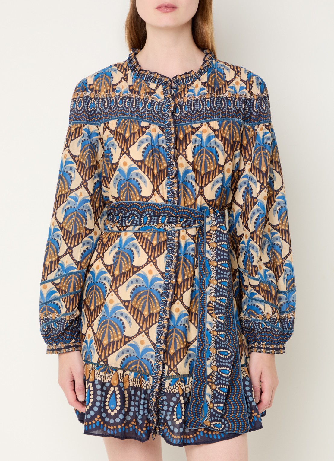 Farm Rio Mini blousejurk met print en strikceintuur - detail beige