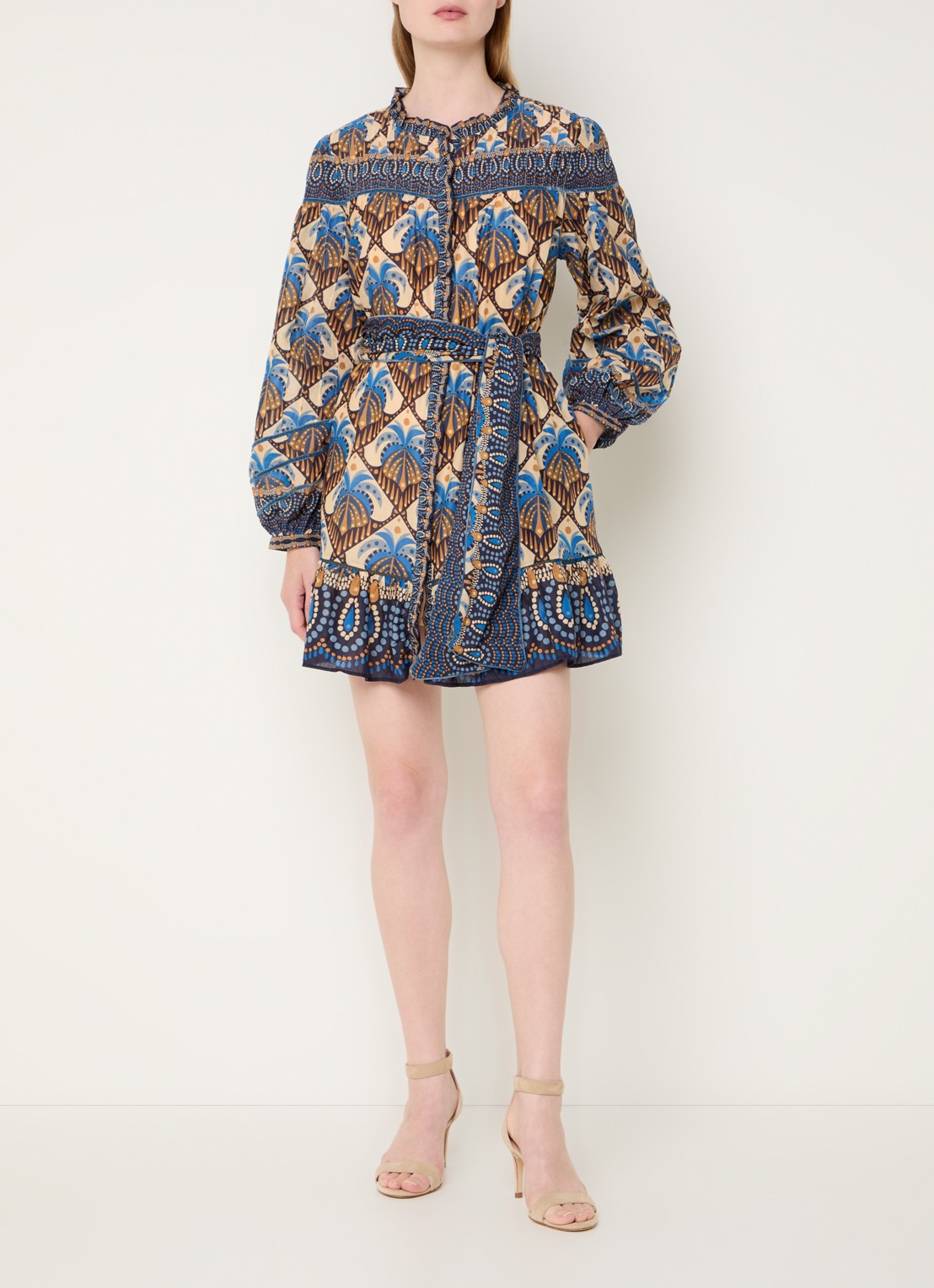 Farm Rio Mini blousejurk met print en strikceintuur - voorkant 4 beige